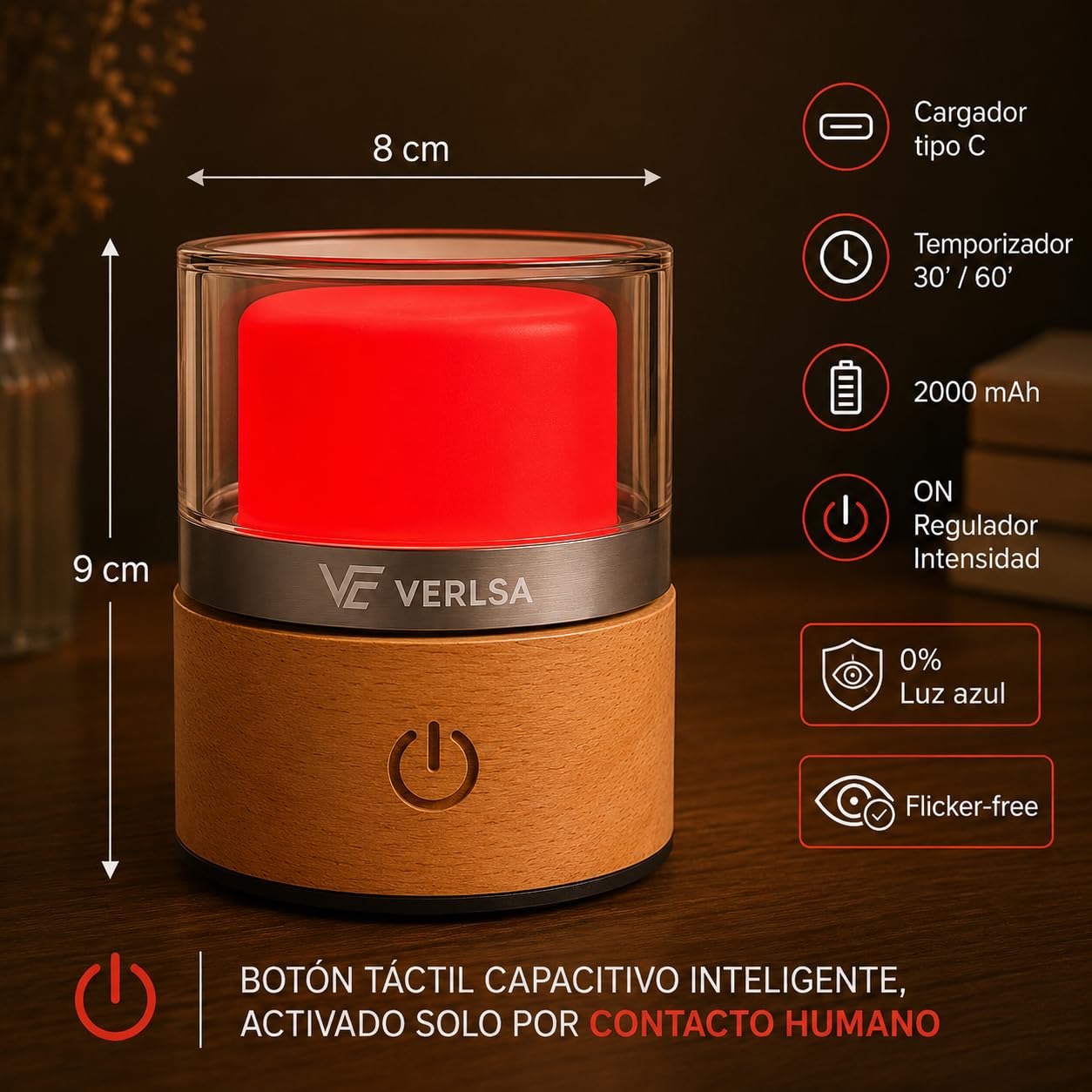 Lámpara Luz Roja Nocturna Melatonina, Terapia de Luz Roja 660nm - 0% Azul, Flicker-Free, Luz Nocturna Infantil/Adultos, Lamparas de Mesita de Noche- Recargable - Timer 30–60 min +Bolsa de Viaje