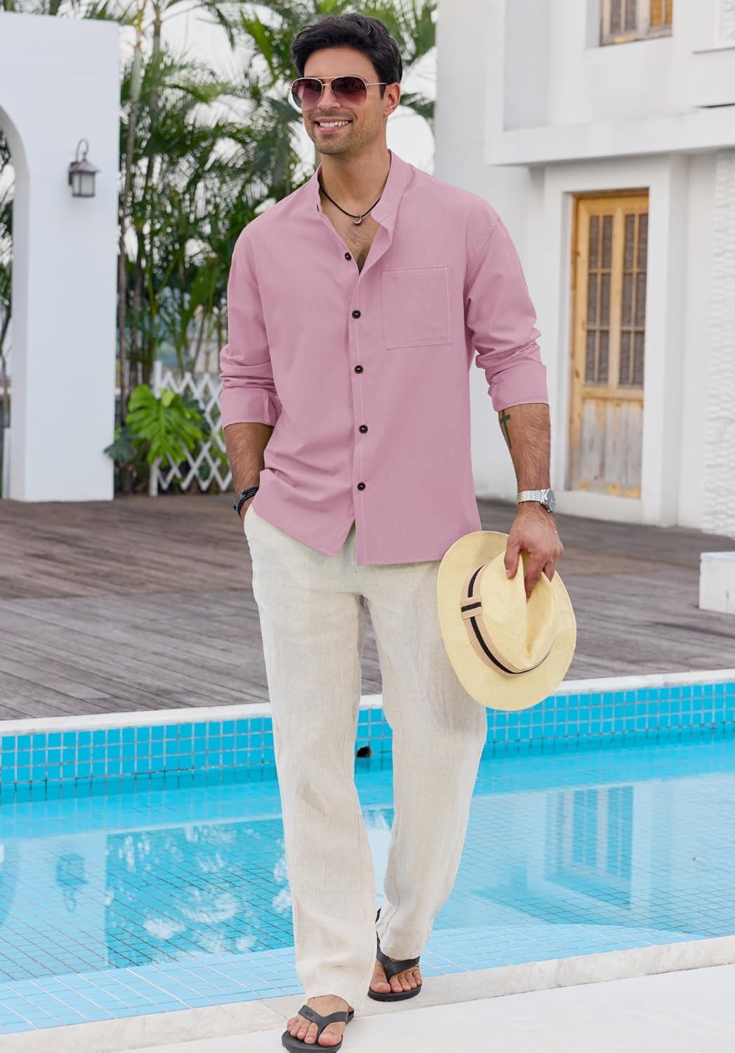 Mens Band Collar Shirts Vacation Casual Long Sleeve Button Down Tops with Pocket (S-2XL) - Image 5