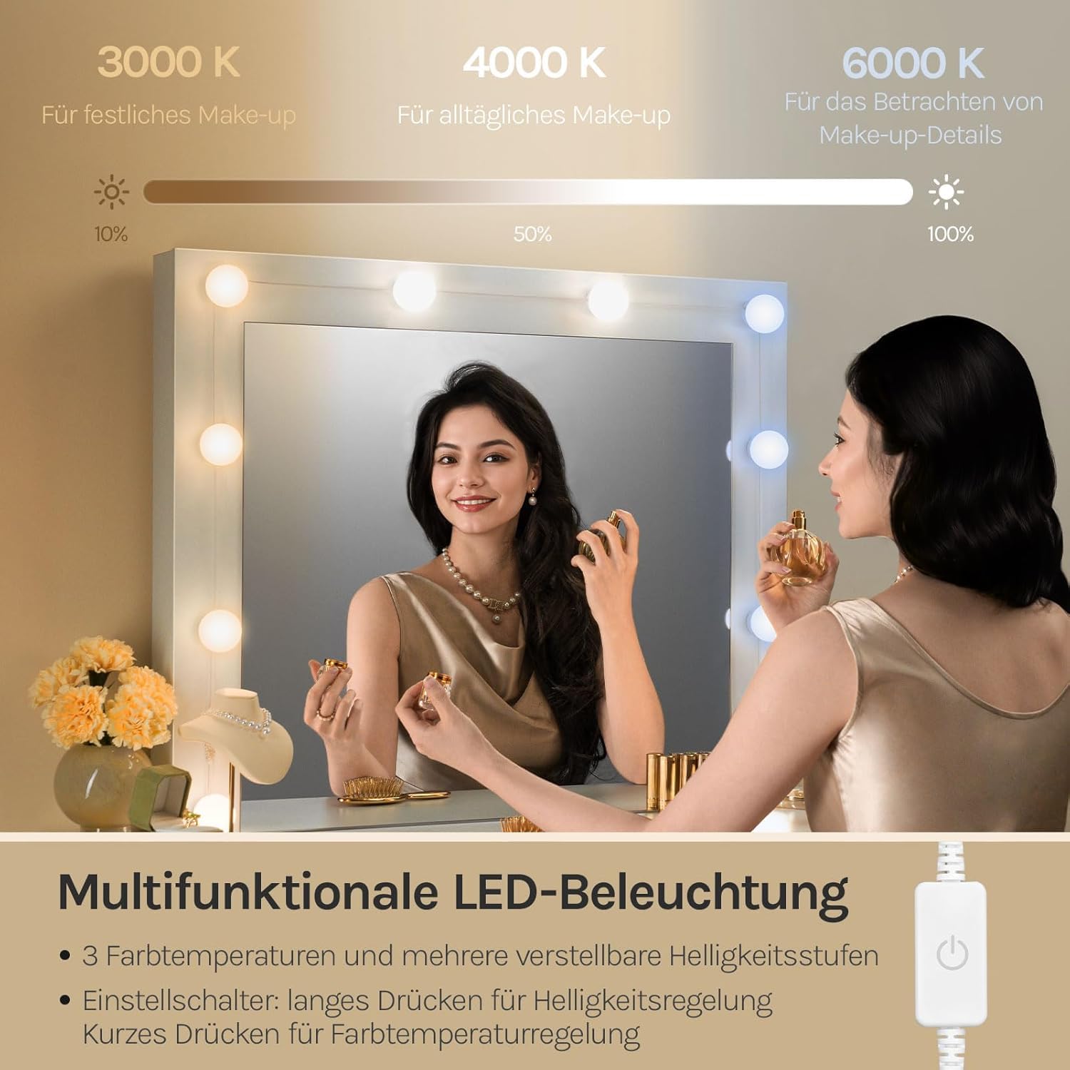 WOLTU Schminktisch mit Beleuchtung Hollywood, 3 Lichtmodi, großer Schminktisch mit Spiegel, Frisiertisch mit 7 Schubladen, 107×140,5×39,5 cm, Moderne Möbel für Schlafzimmer, Weiß
