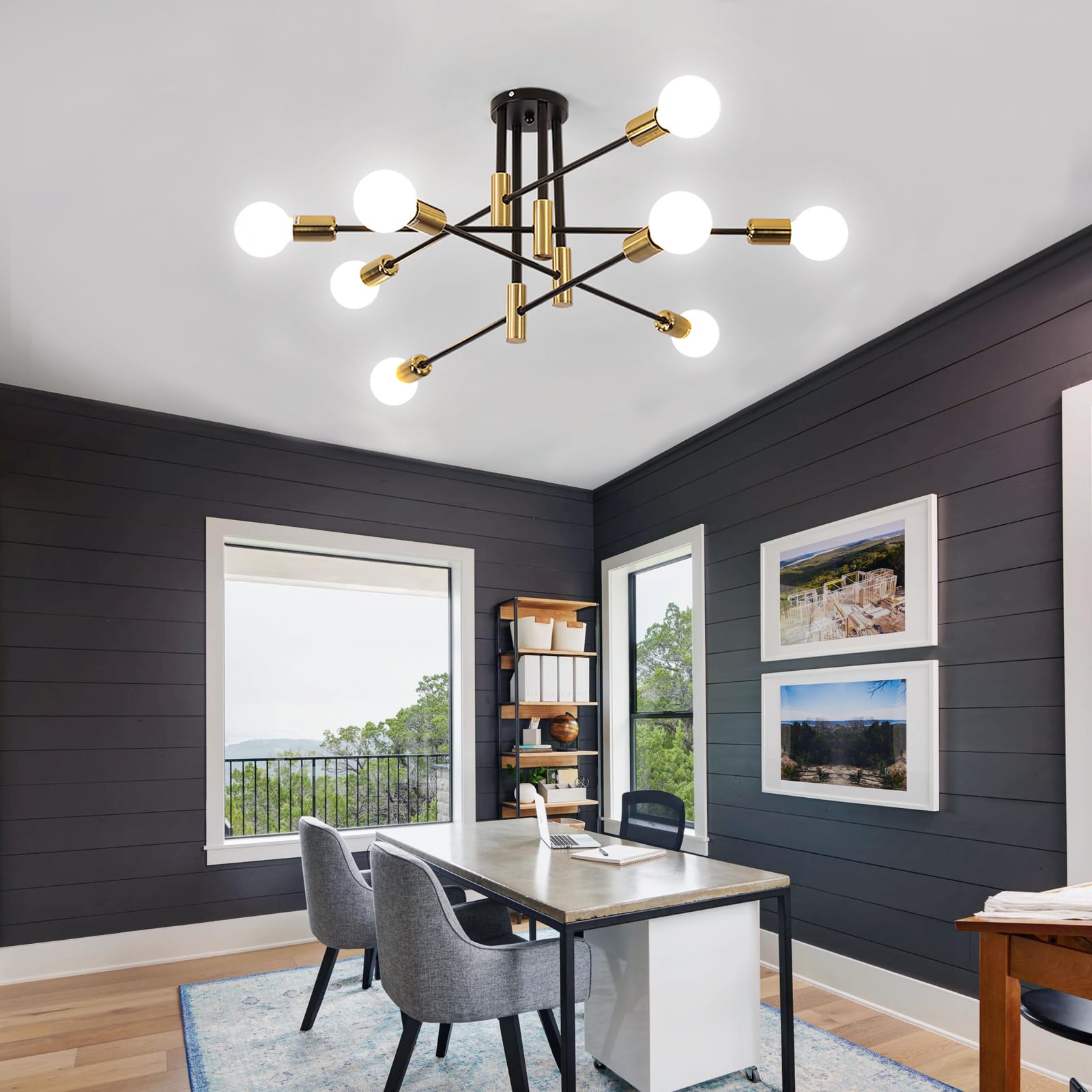Toolight Lamparas de Techo Industrial 90CM, 8-luz Lámpara de Techo Salon e27, Lampara Techo para Comedor Dormitorio Salón Cocina, Negro y Dorado (Sin Bombilla)
