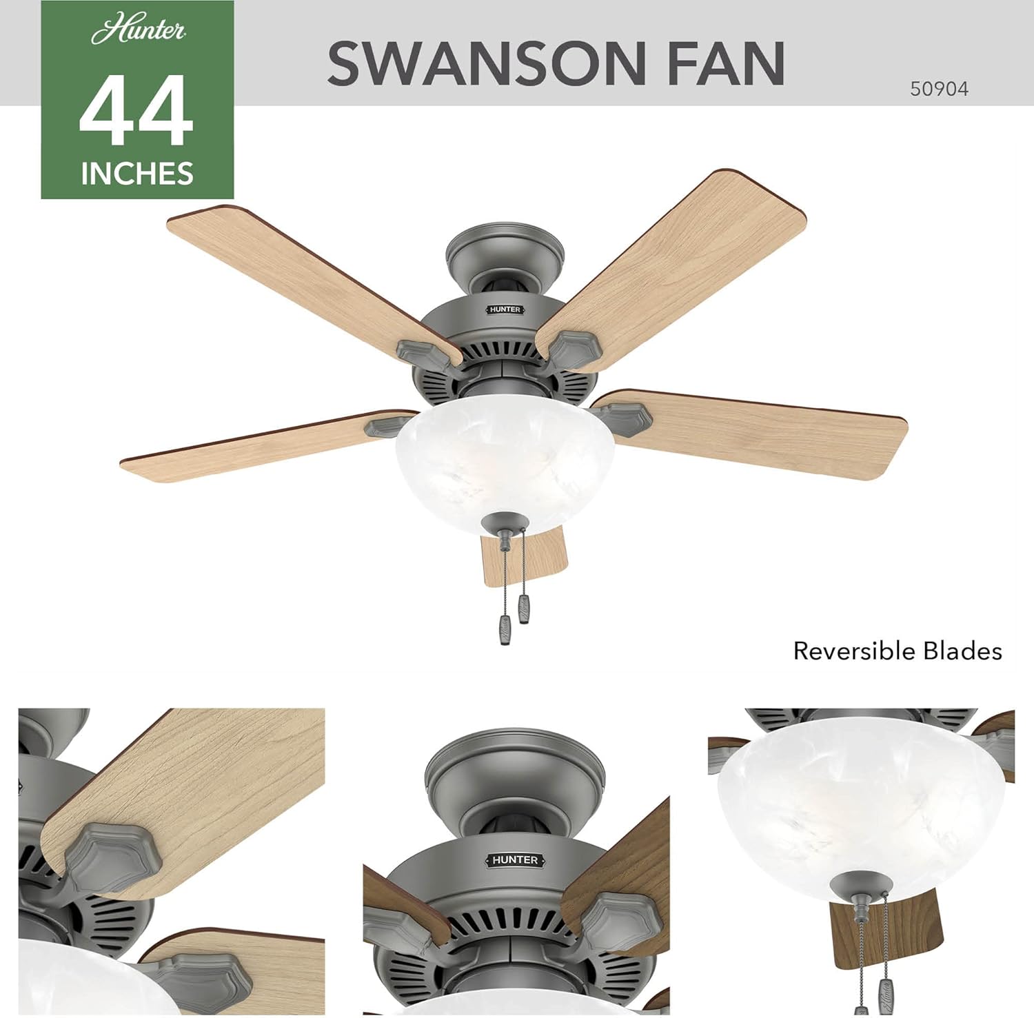 Hunter Fan Company, 44 inch ceiling fan with light, Swanson Matte Silver LED Fan, Pull Chain
