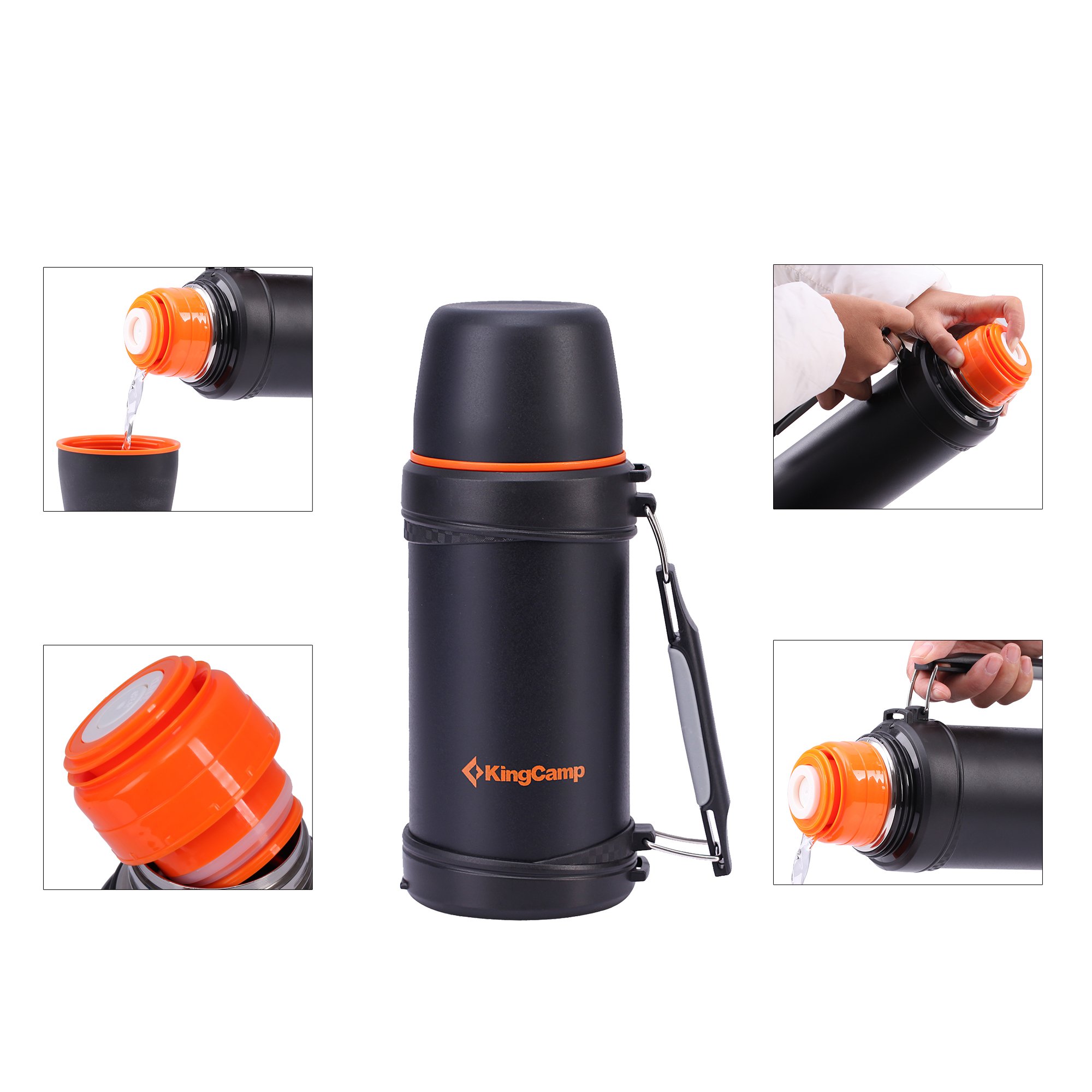 KingCamp Paslanmaz çelik vakum şişesi, saplı ve kapak kesici ile geniş açıklık, kapasite 750 ml