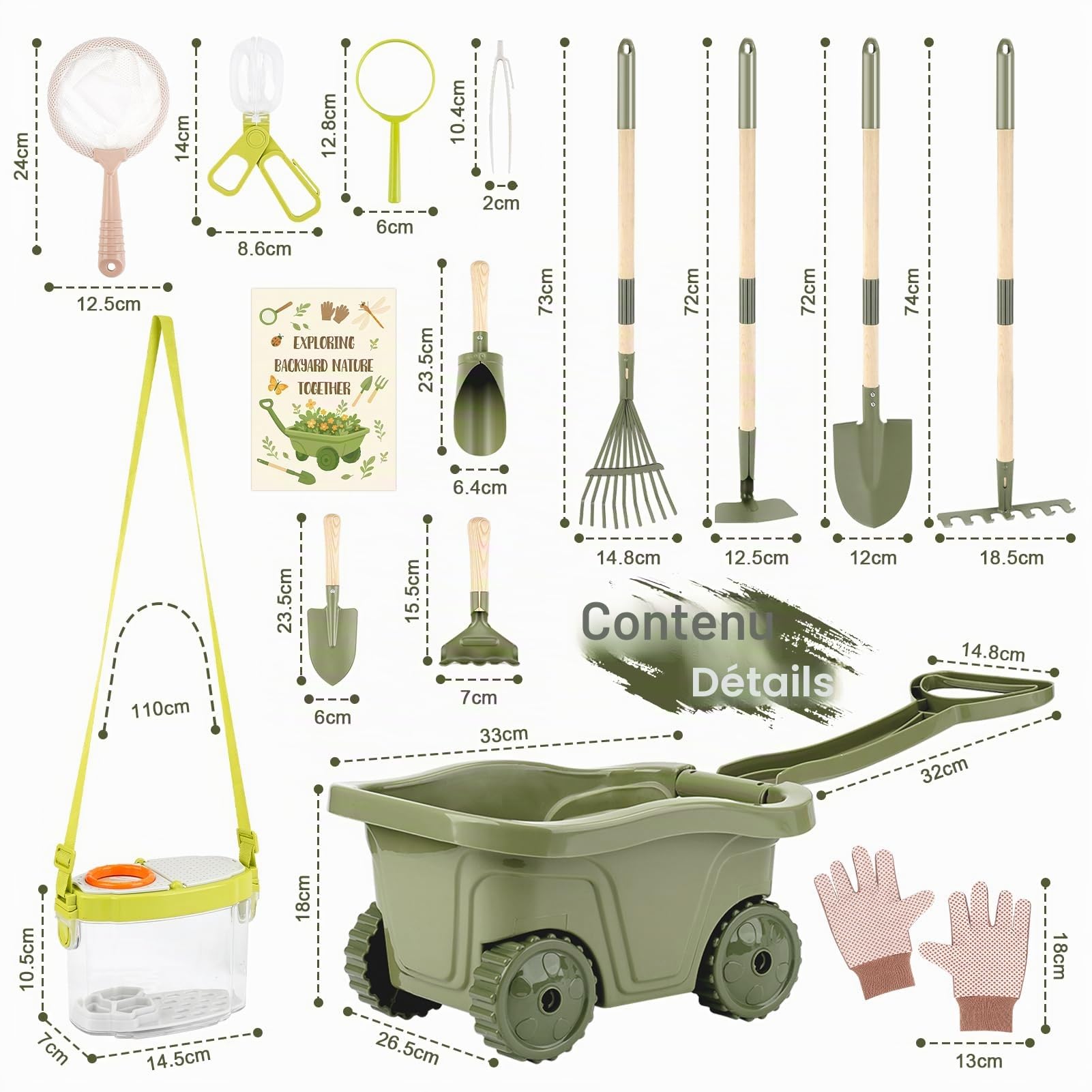 Brouette Enfant – 17PCS Kit Jardinage Enfant avec Outils Longs et Court,Boîte d’Observation Insectes, Loupe, Filet à Papillons & Accessoires – Ensemble Jardinage + Exploration Nature pour Enfants 3+