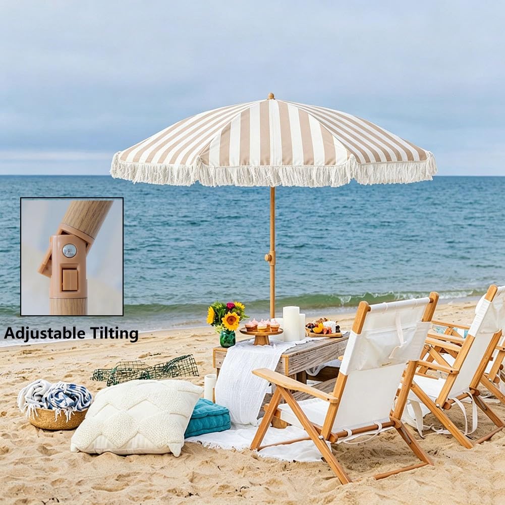 180 cm Paskowany Parasol Tarasowy z Frędzlami, Boho Parasol Ogrodowy z Regulowaną Wysokością i Kątem Nachylenia 30° do Basenu Ogrodowego