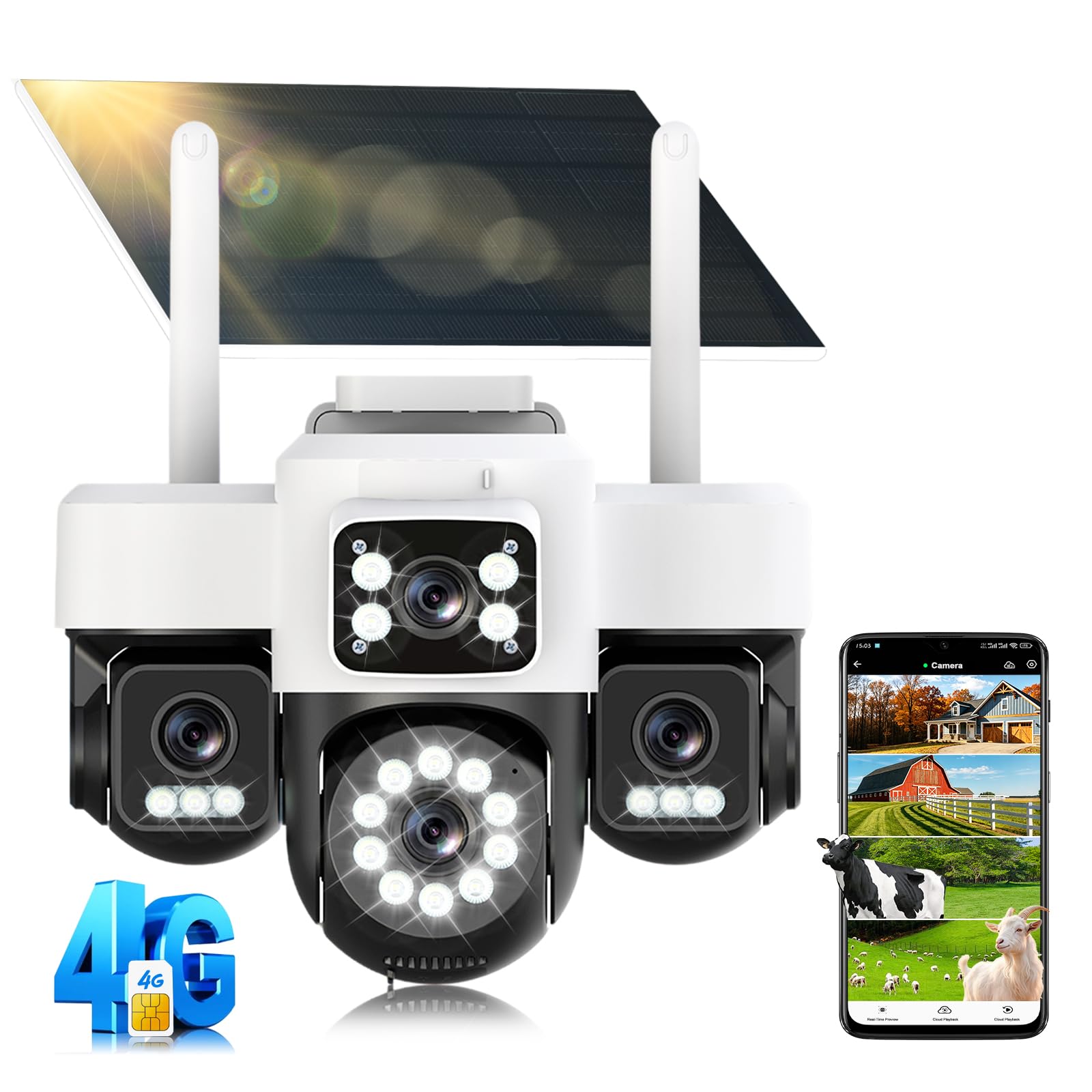 4G Camera Surveillance Exterieure sans Fil,AOV 24/7,Quatre objectifs/Camera Solaire/Batterie,4K caméras de Surveillance avec Carte SIM,Vision Vocturne,Alarme,Audio Bidirectionnel,Suivi Automatique