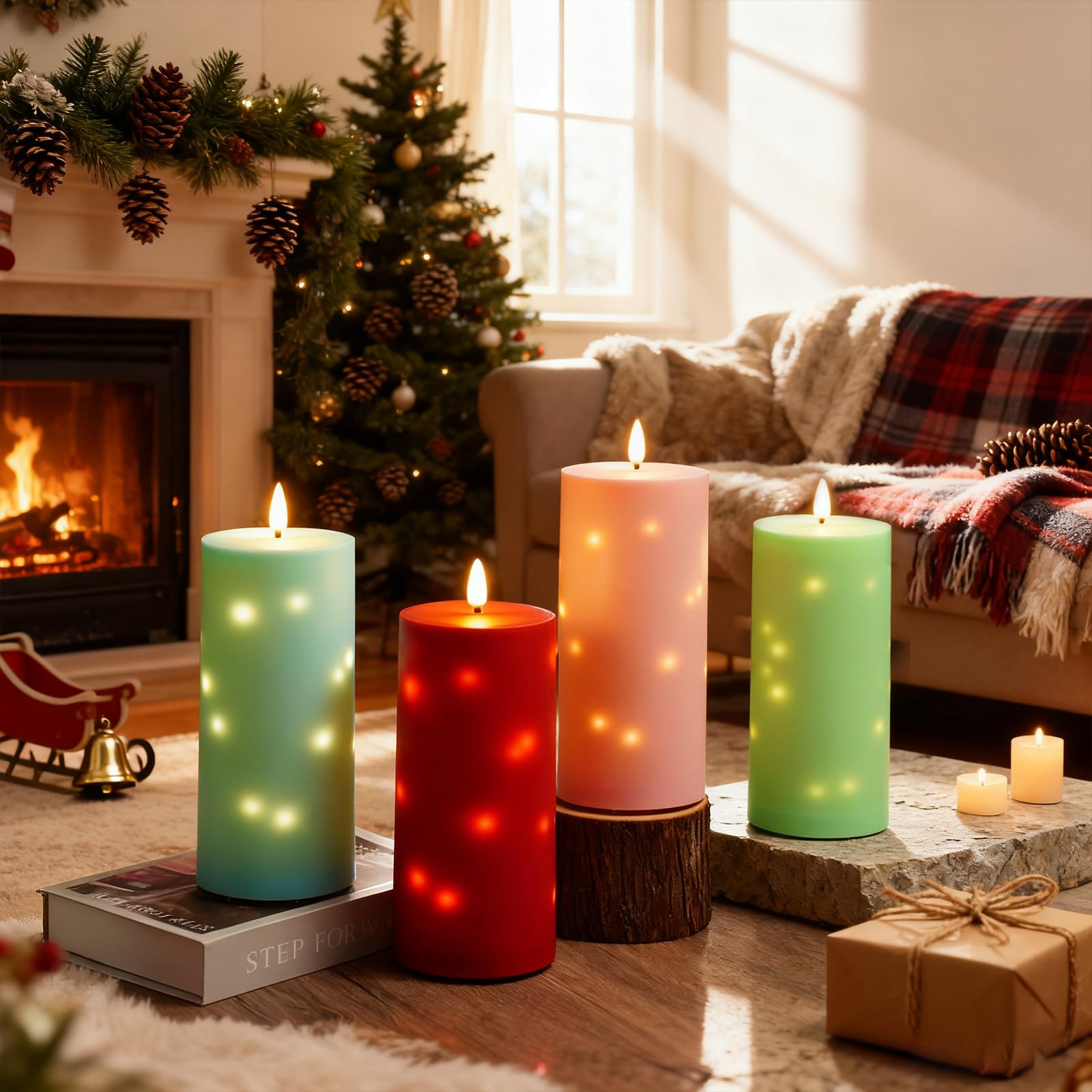 kakoya Lot de 2 grandes bougies piliers à LED étanches sans flamme vacillante avec minuteur - Fonctionne à piles avec guirlande d'étoiles intégrée pour lanternes d'extérieur, porche, terrasse - 25,4 x