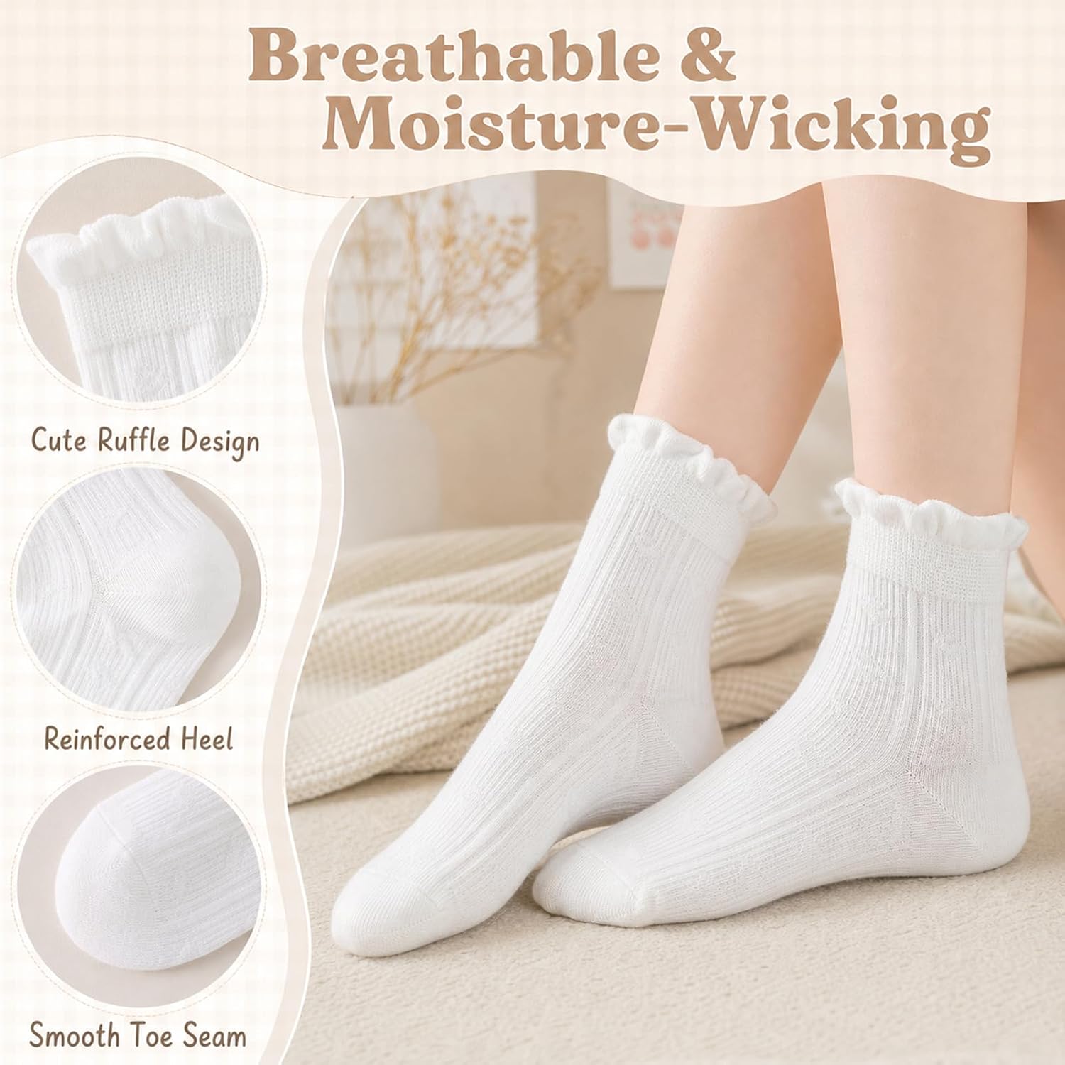 5 Pairs Ruffle Ankle Socks Thin Cotton White Socks Cute Frilly for Womens