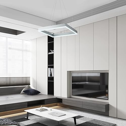 Miniatura 5 de ROYAL PEARL Candelabro LED moderno de 3 anillos para comedor, lámpara colgante cuadrada, lámparas regulables para vestíbulo, dormitorio, escalera,