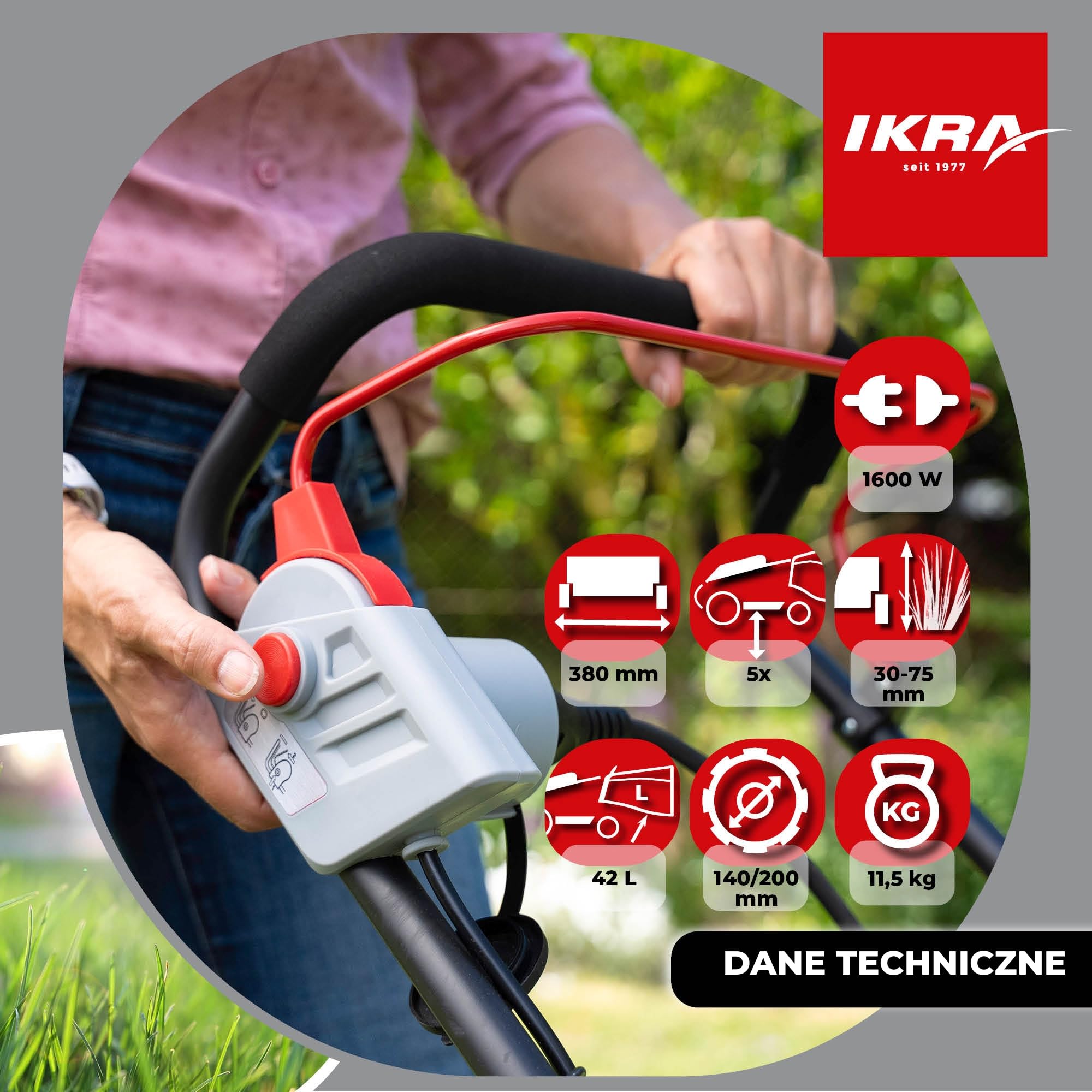 IKRA Kosiarka elektryczna IERM 1638-1, 1600W, szerokość koszenia 38cm | 2-stopniowa regulacja uchwytu, wysokość koszenia 30–75 mm, kosz 42 l, hartowany nóż, z funkcją składania