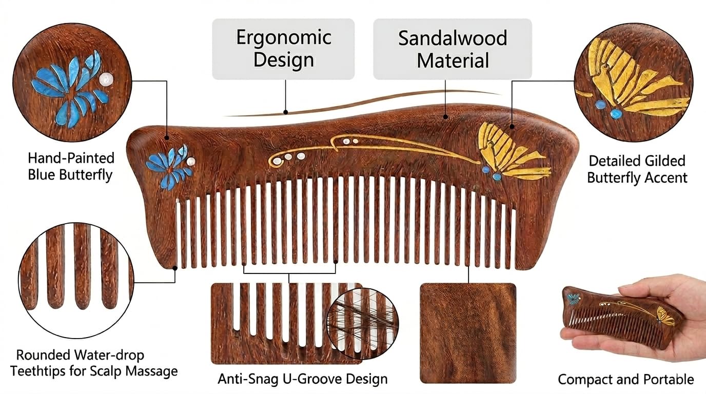 Peine de madera de sándalo, hecho a mano, peine de madera de sándalo, antiestático, peine de pelo de dientes finos para mujer, peine para barba, buen regalo (mariposa pintada)