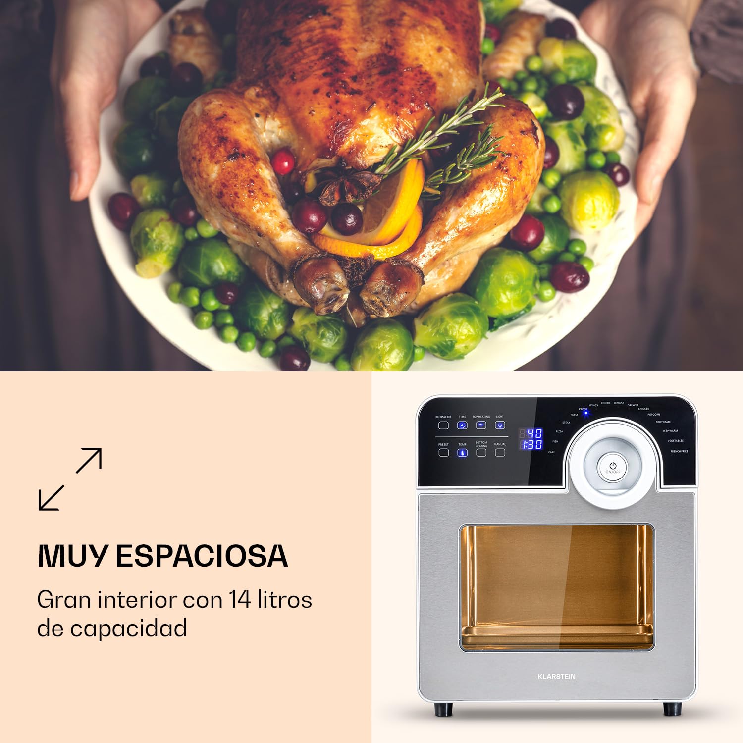Klarstein AeroVital Cube Chef - Freidora de Aire, Airfryer 1700 W, Pantalla Tactil, 16 Programas, 50-220 C, 14 L, Inicio Diferido aprox. 10 h, Tecnologia DuoHeating, Acero Inoxidable, Plata
