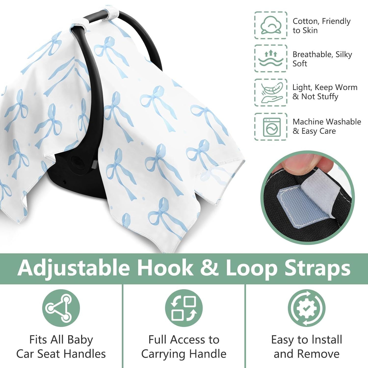 Blue Bow White Infant Car Seat Cover Baby Girls Stroller Carseat Covers Canopy Muslin Breathable Soft Lightweight Sun Shade Universal Fit