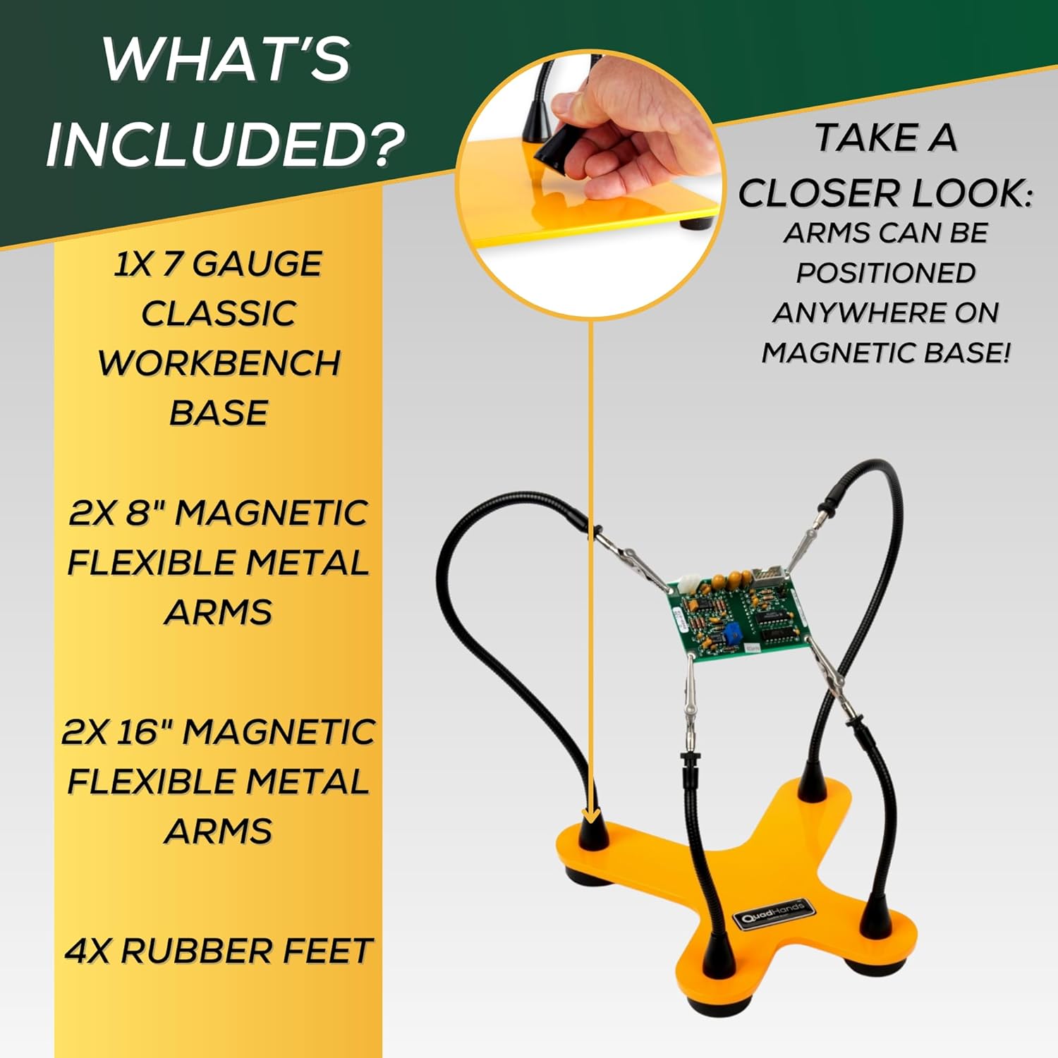 Classic Workbench Soldering Helping Third Hand Tool | 4 Gooseneck Flexible Positionable Arms | Sturdy Base | Rotating Stainless Steel Alligator Locking Clamps | Circuit Board Holder | USA