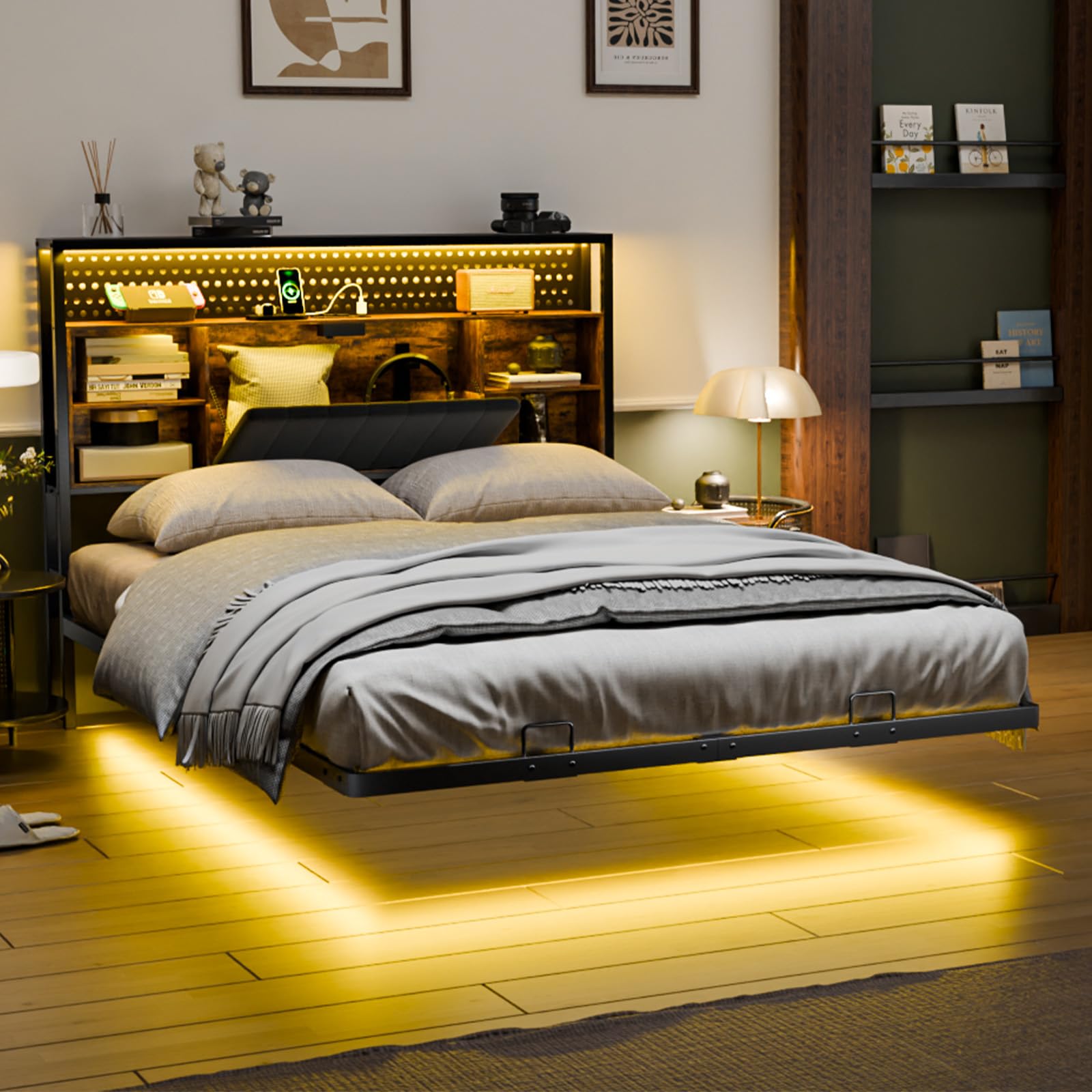 Bonnlo 4ft6 Double Bed Frame with Upholstered Storage Headboard/Charging Station/LED Lights,Floating Metal Bed Frame-Under Bed Storage/Mattress Foundation/Duty Metal Slats/No Box Spring Needed,135x190