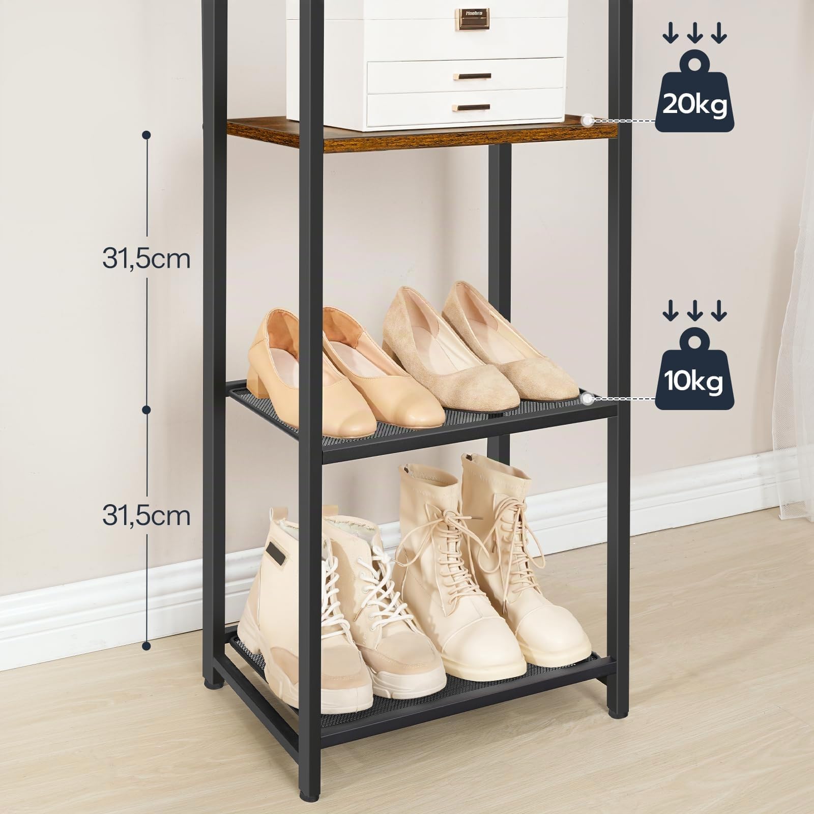 HOOBRO Perchero independiente con 3 estantes y 8 ganchos, perchero para dormitorio, 40 x 28 x 181 cm, para entrada, industrial, marrón rústico y negro EBF04YM01