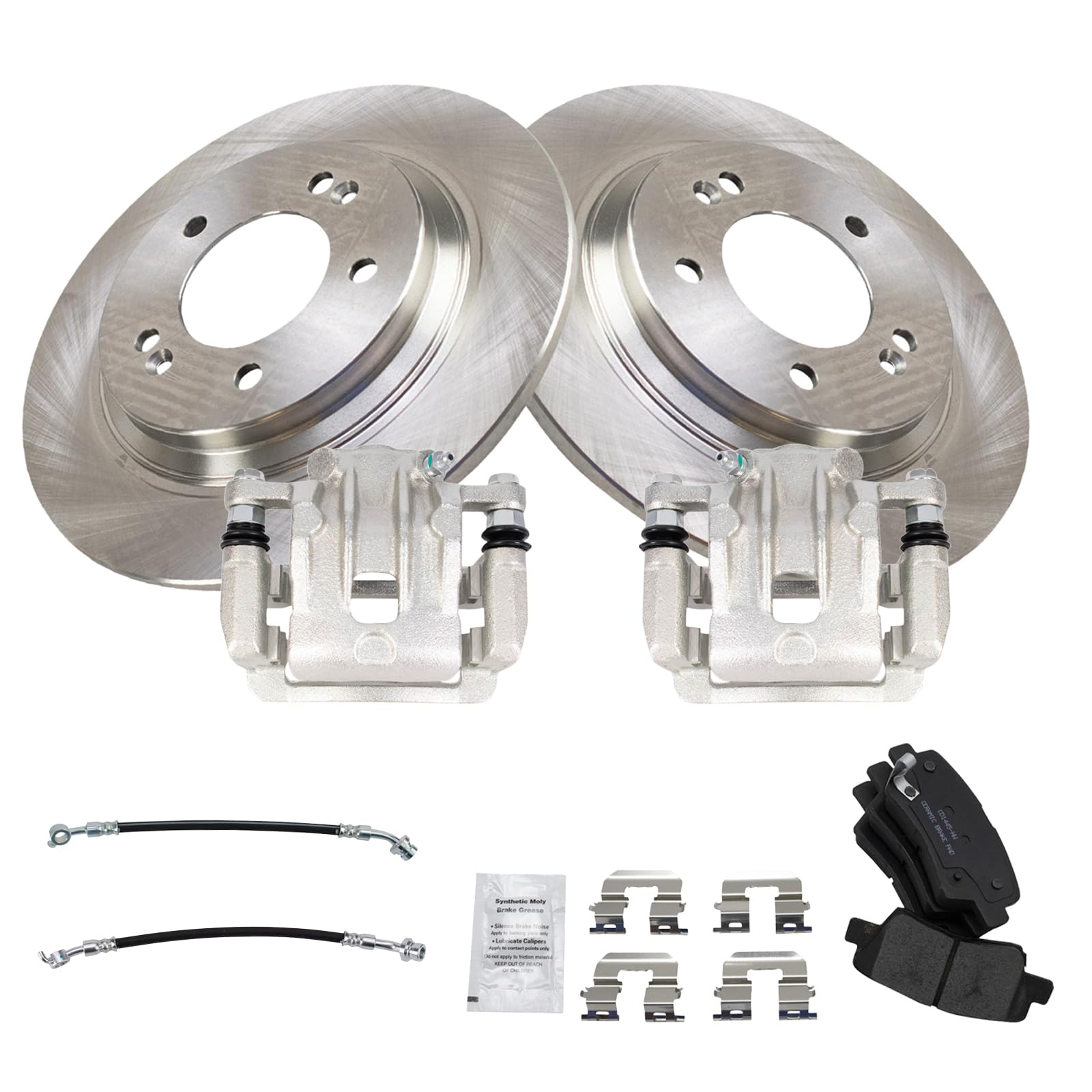 TRQ Rear Brake Pad and Rotor Kit Ceramic Calipers Hoses Compatible with 2016-2017 Hyundai Azera 2015 Kia Optima