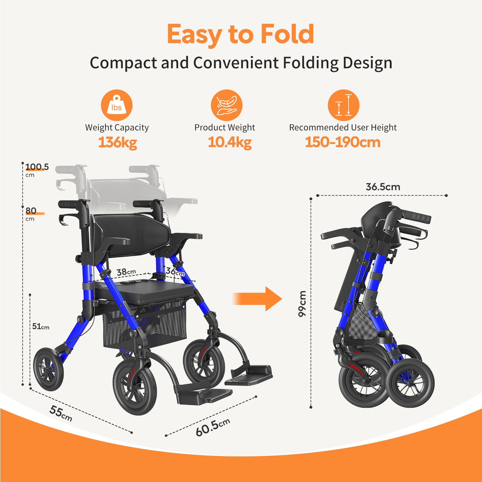 VOCIC Andador Silla de rueda 2 en 1 Andadore para anciano mayores con asiento,Silla transporte Andador plegable ligero, Aluminio ajustable en altura para exteriores y viajes, Azul(5 años de garantía)