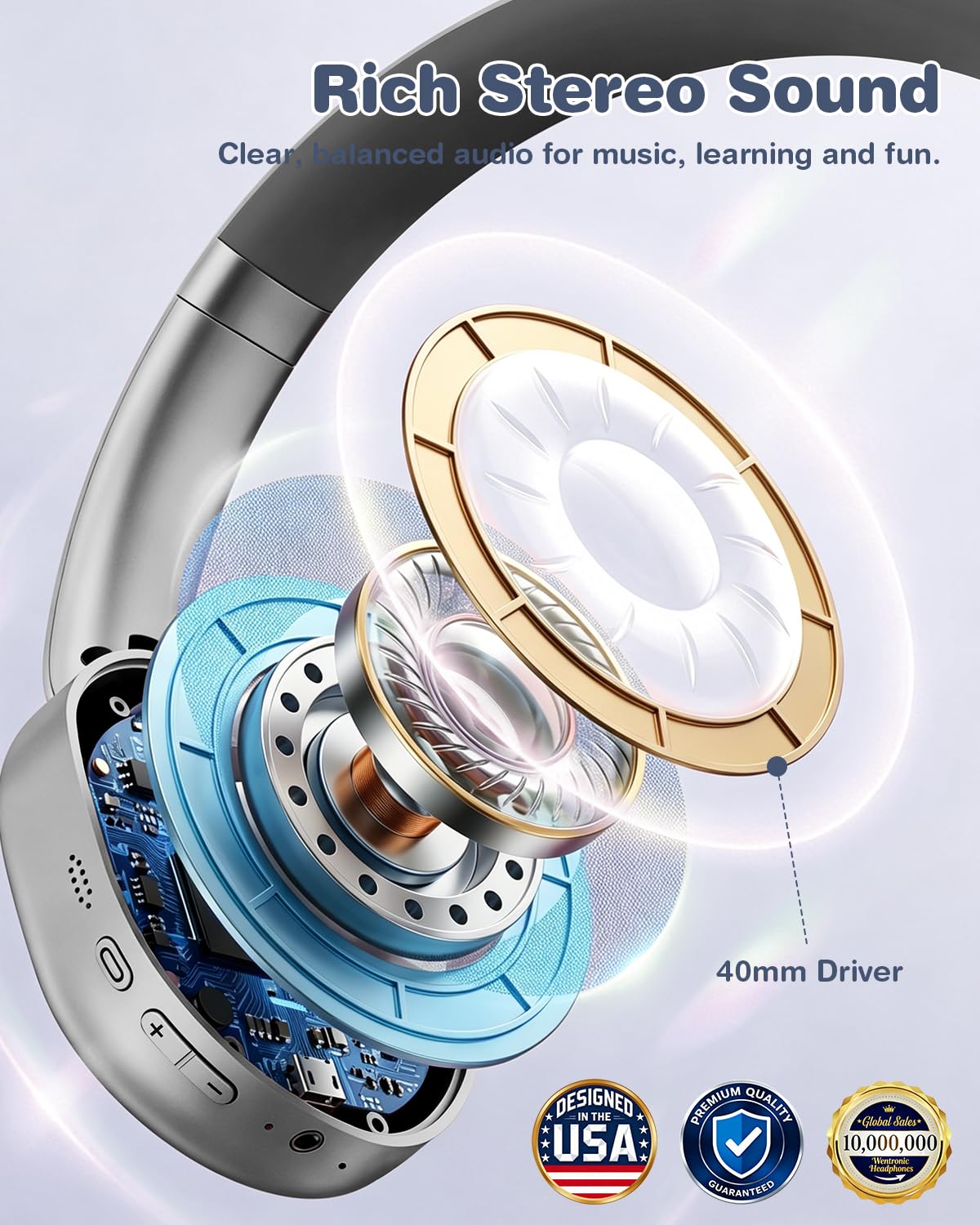 Wentronic Audífonos inalámbricos Bluetooth 5.4 para niños, plegables con modo de cable de 3.5 mm, límite de volumen seguro, tiempo de reproducción de 48 horas, llamadas claras, sonido HD para niños