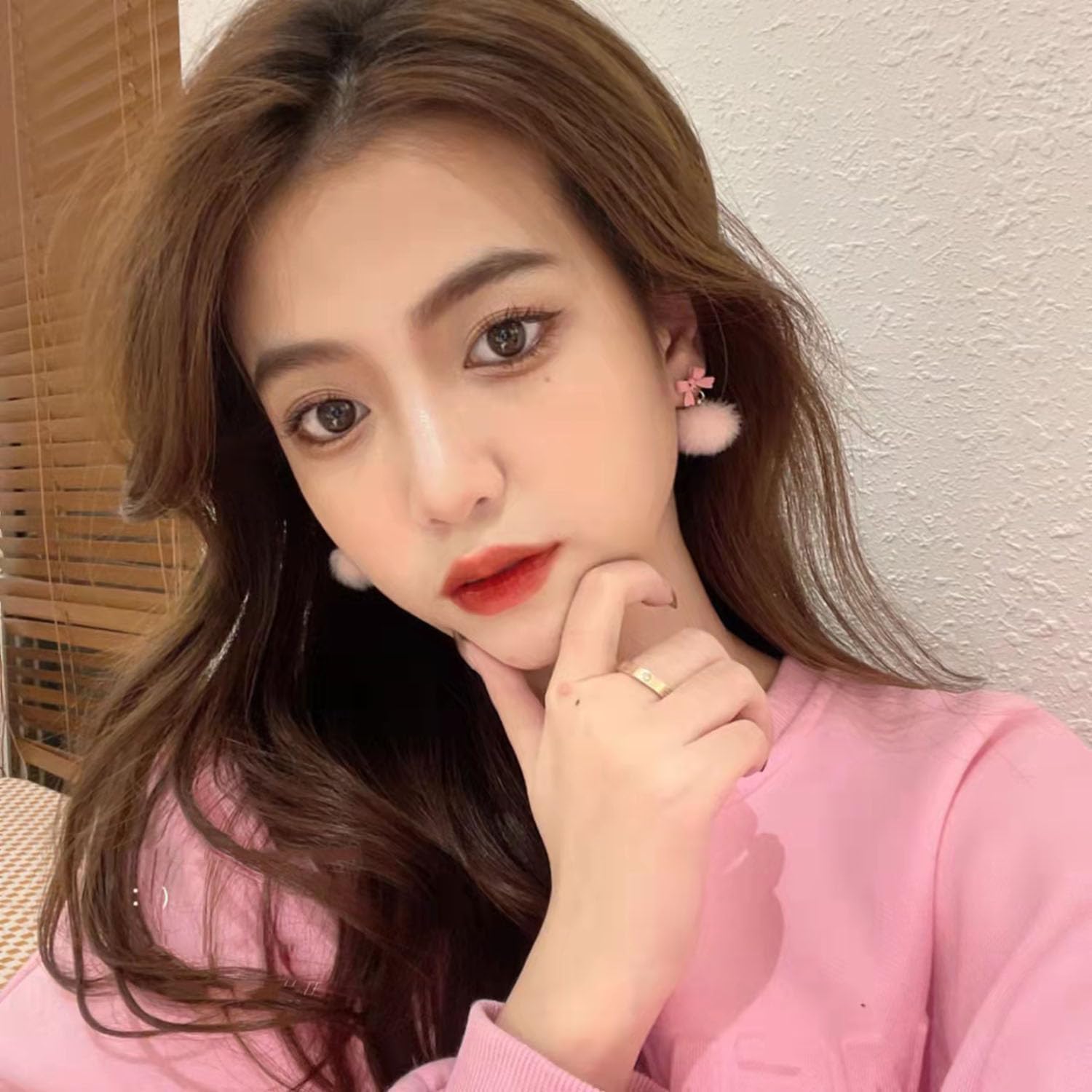 Pink Bow Pom Pom Earrings for Women Pink Blue Fluffy Pom Bowknot Earrings Winter Earrings Christmas Party Jewelry Gifts for Women - Image 3