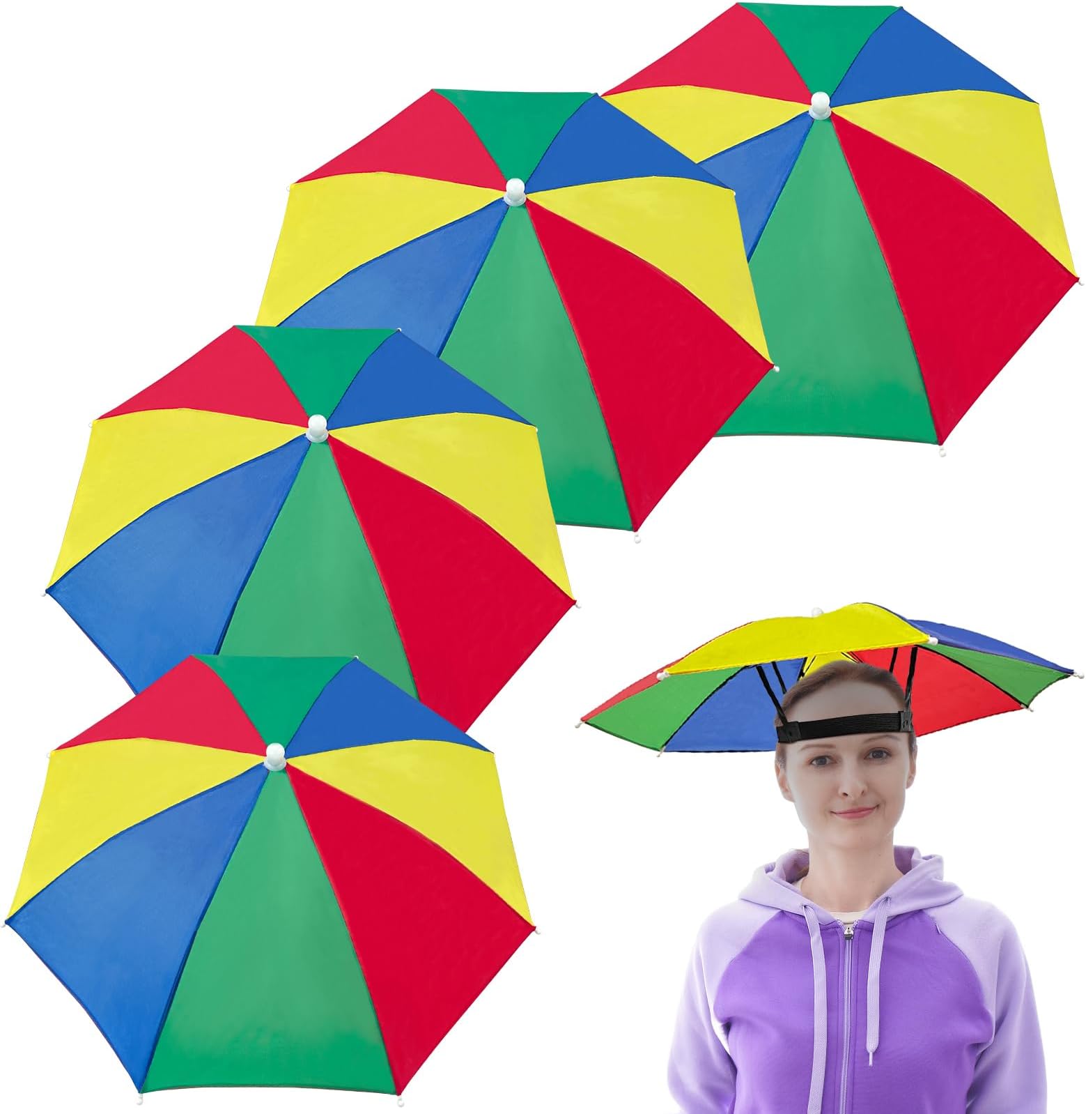 Guyuyii 4 Pieces Adjustable Rainbow Umbrell Hat - Sun and Rain Protection Umbrella Hats for Adults and Kids - Hands-Free for Outdoor Adventures, Festivals, and Family Fun