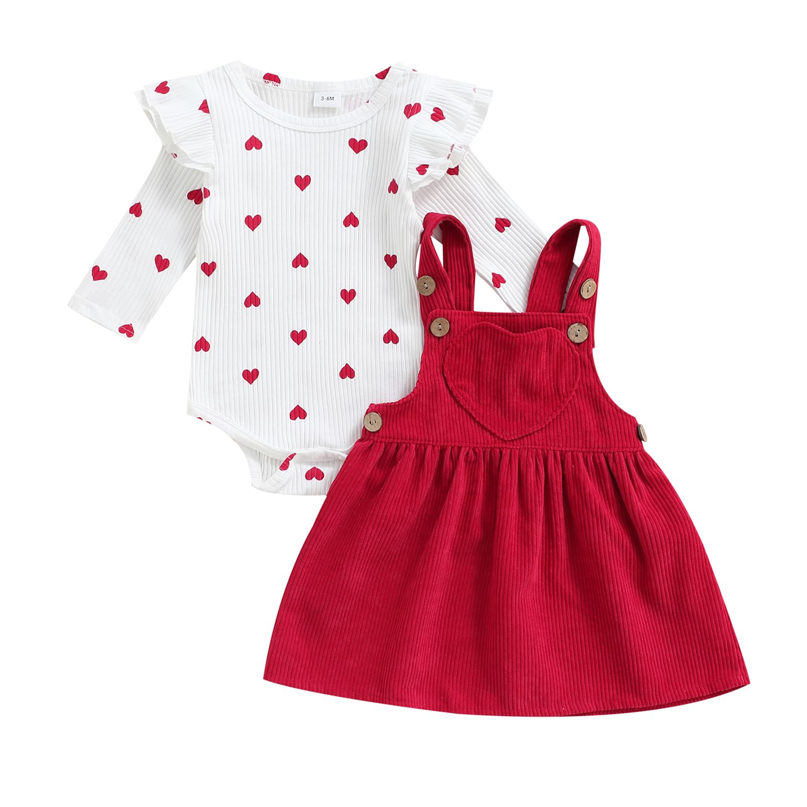 Newborn Baby Girl Valentines Day Outfit Ruffle Ribbed Romper Heart Bow Suspender Skirt 3Pcs Overall Dress Jumper Set (T Red, 12-18 Months)