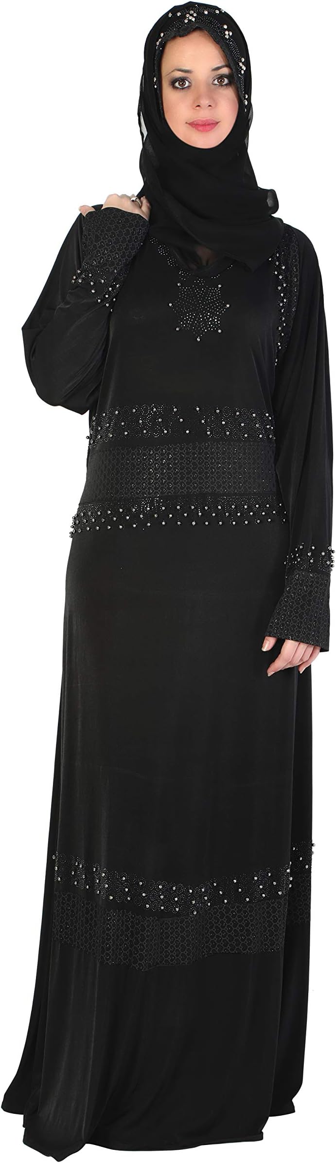 Sofias Abaya Women's Cystal Lycra Fabric Burqa Set (Ascm-014_Black_Free Size)