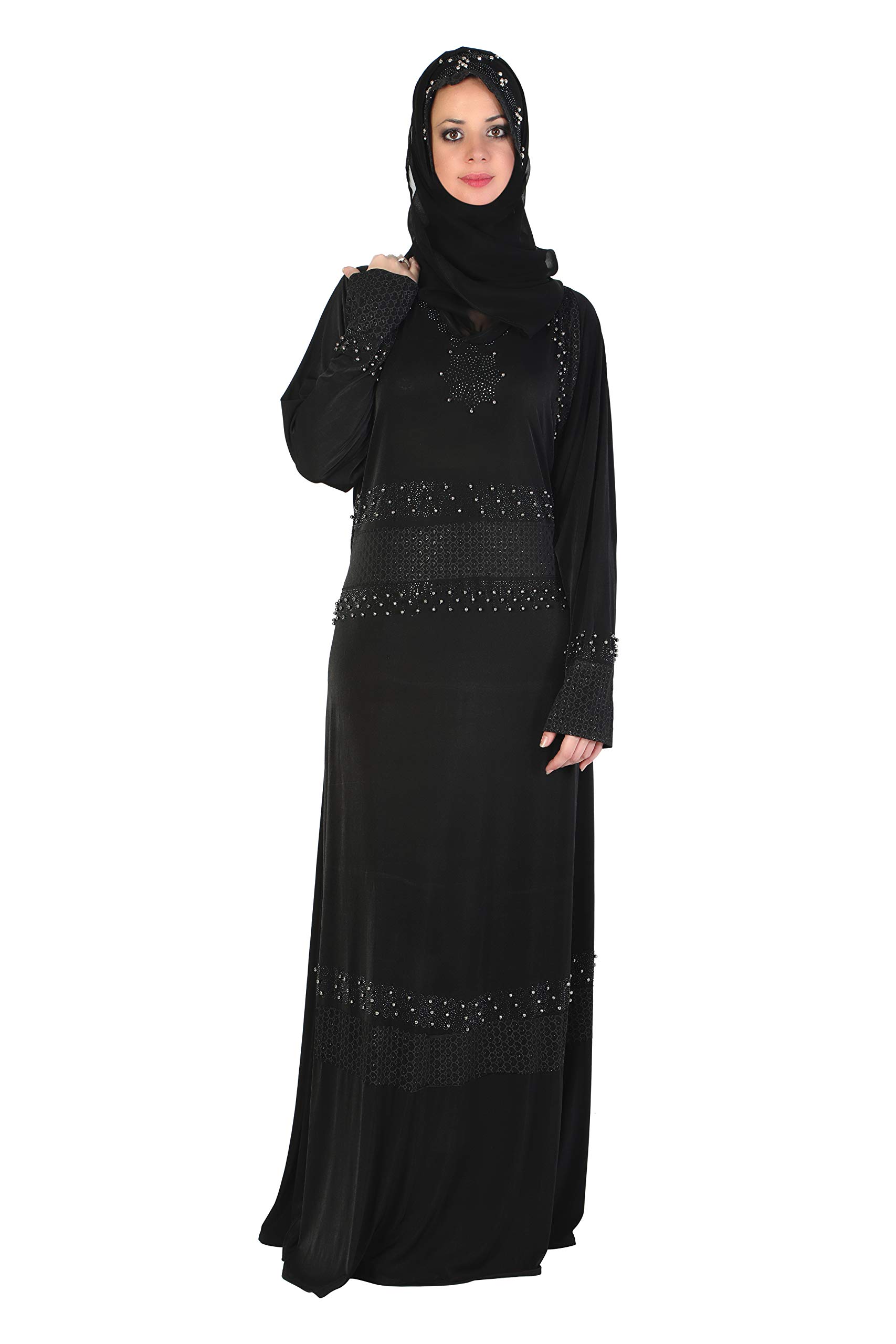 Sofias Abaya Women's Cystal Lycra Fabric Burqa Set (Ascm-014_Black_Free Size)
