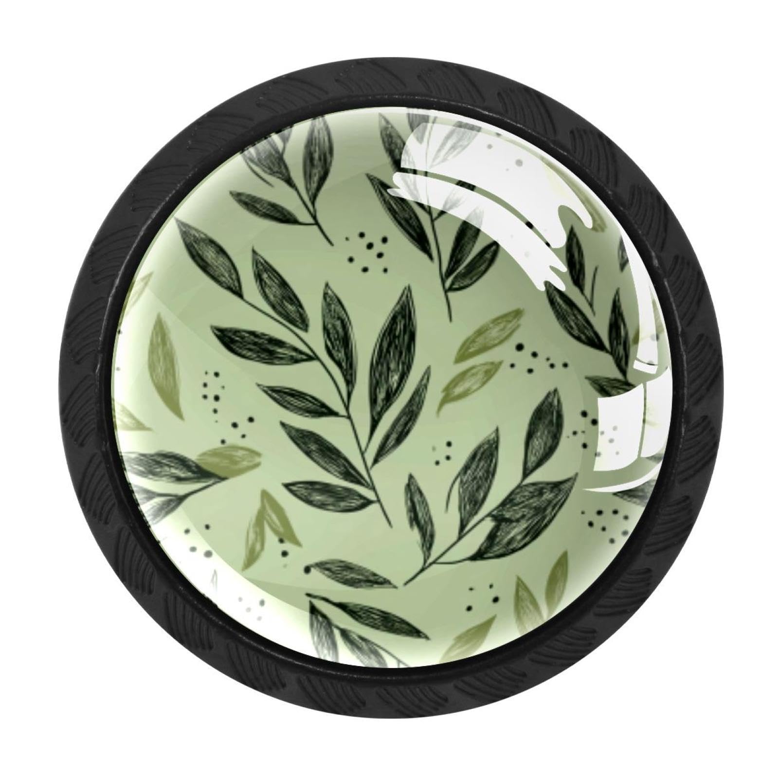CHENZZZZ 4 Pack Sage Green Botanical Leaves Kitchen Cabinet Knobs Drawer Knobs Dresser Knobs Matte Black Zinc Knobs Drawer Pulls Door Knobs Dresser Drawer Handles Knobs for Dresser Drawers