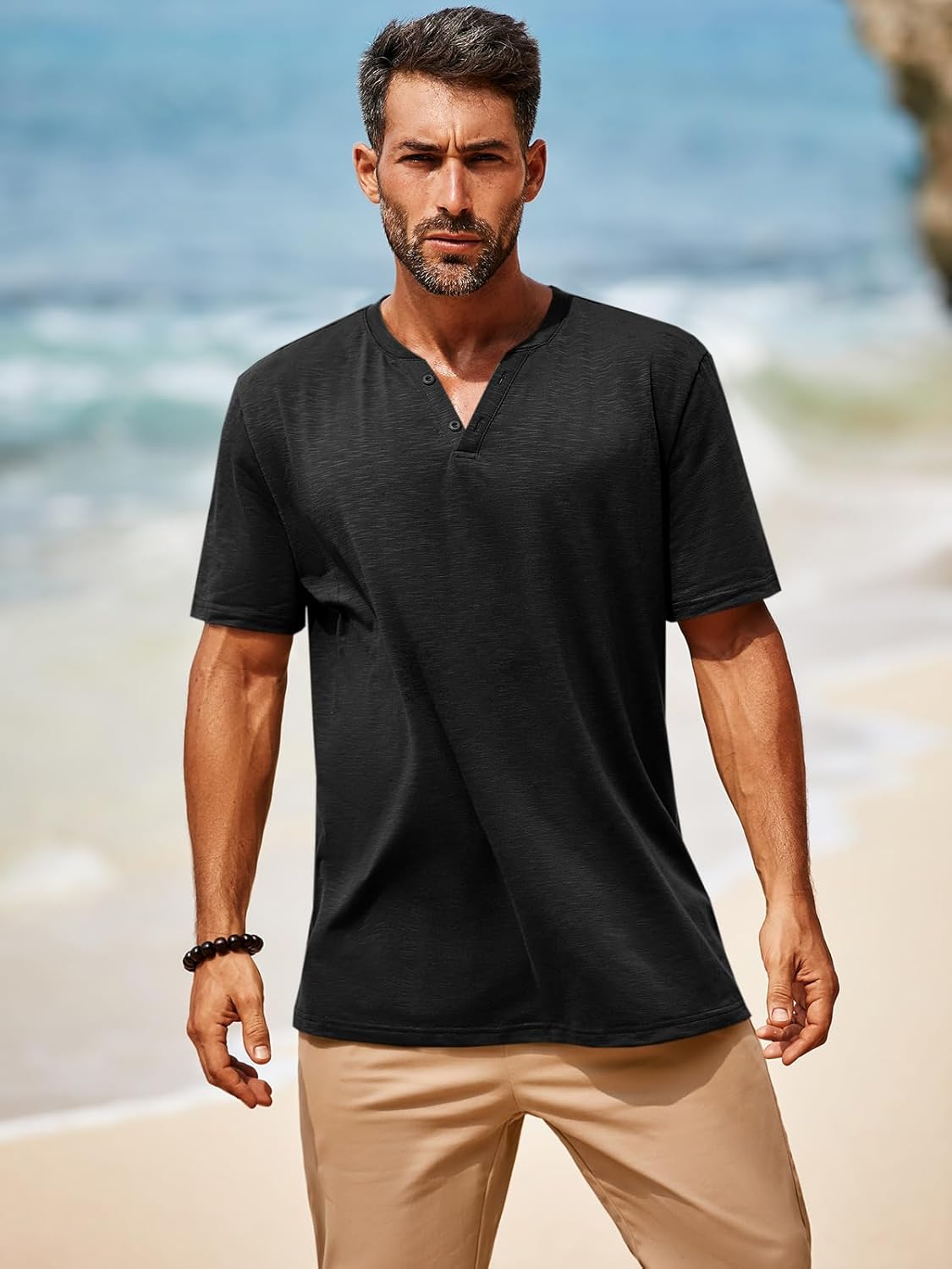 Runcati Mens Casual T Shirts Short Sleeve V Neck Linen Henley Shirt Button Basic Fashion Summer Beach Tee Tops - Image 2