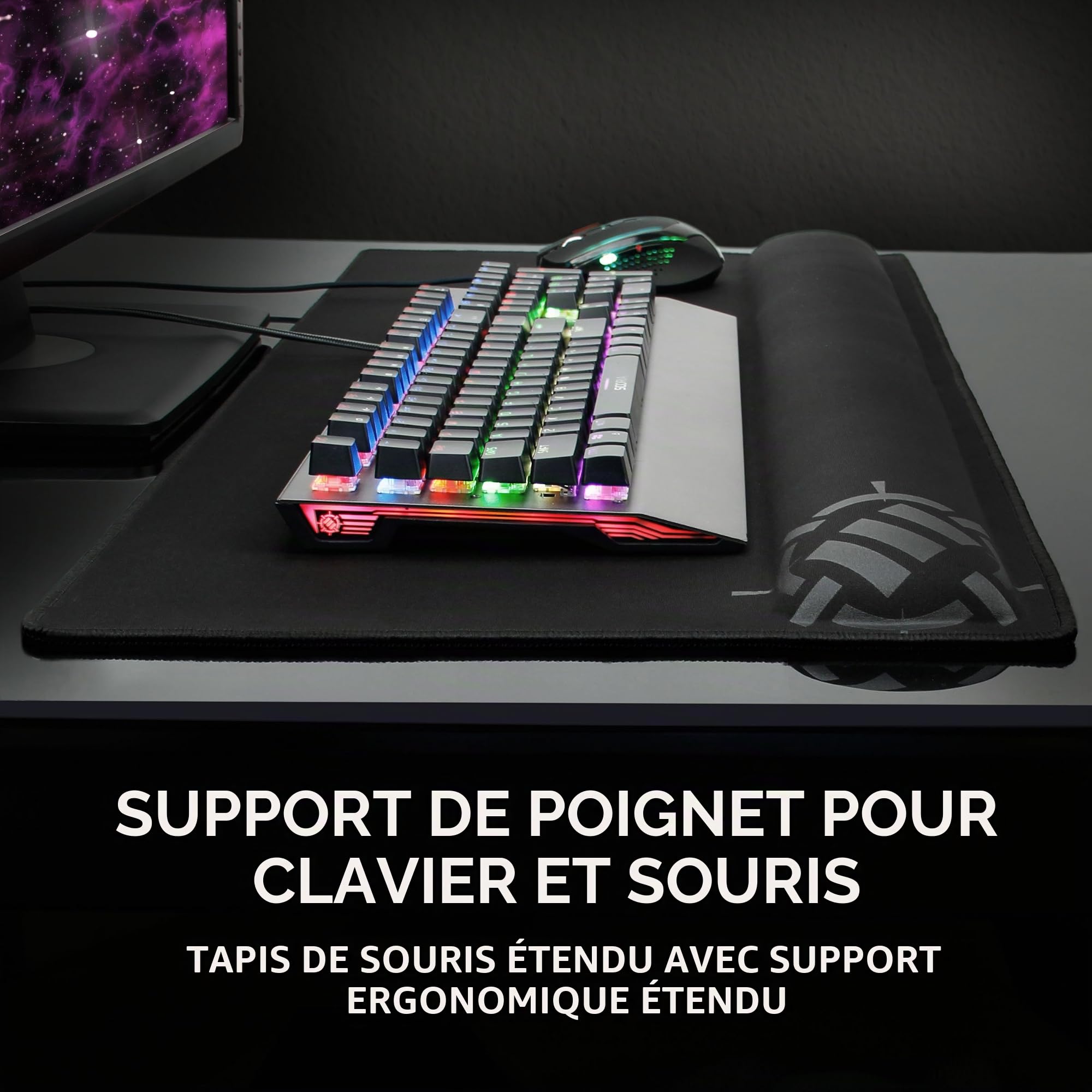 ENHANCE Grand Tapis Souris Gamer XXL pour PC Gamers avec Support - Tapis Souris Ergonomique avec Repose Poignet (80 x 35 x 2,5 cm) - Coutures Anti-Effilochage et Surface Qualité Supérieure - Noir