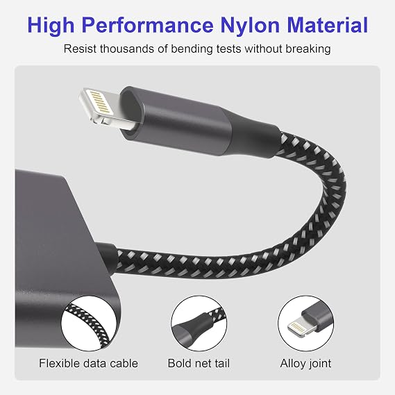 2 in 1 Apple Dongle Headphone Jack and Charger, Lightning to 3.5mm Jack Audio Adapter, iPhone Microphone Adapter for Live-Streaming, Charger Lightning Splitter Dongle for iPhone 14/13/12/11/ iPad/iOS