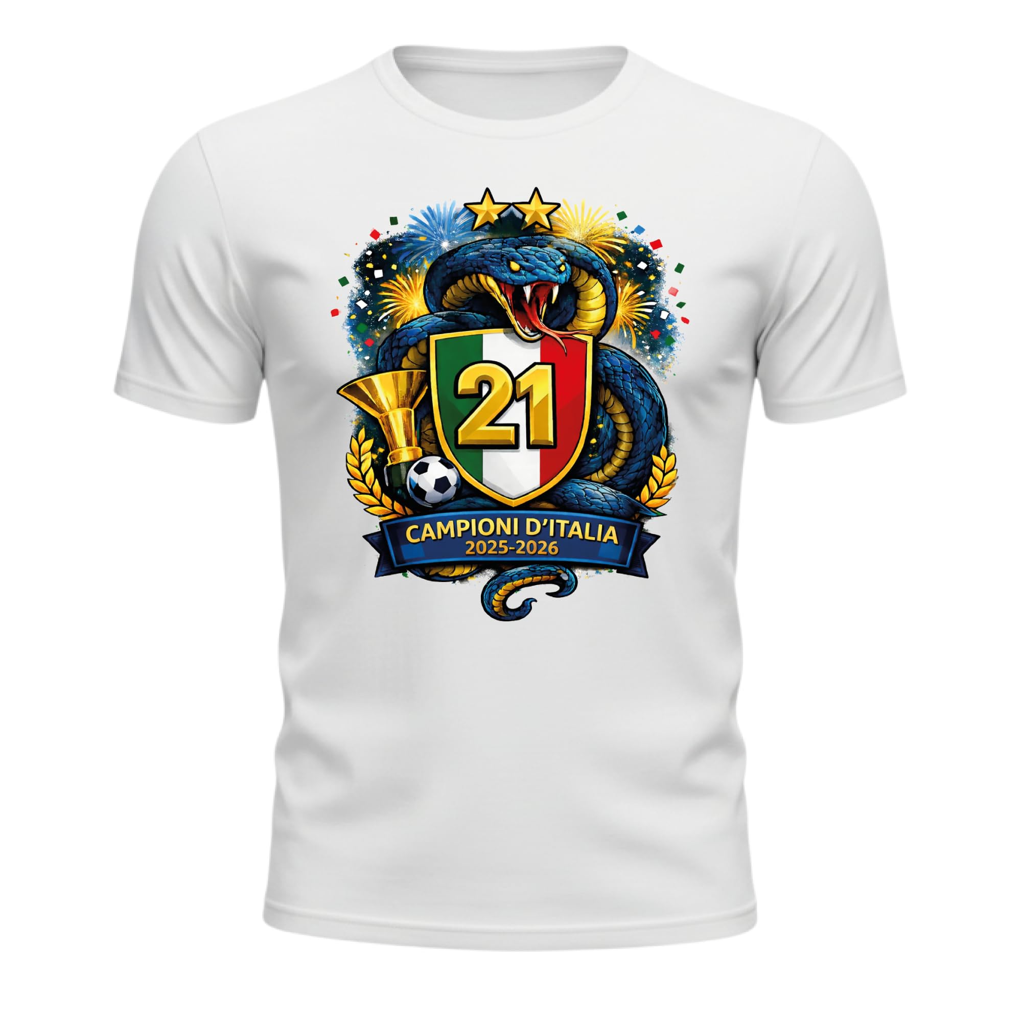 Generico Maglietta Celebrativa Campioni d’Italia 2025-2026 – Scudetto 21 – T-Shirt da Adulto Calcio con Stemma Tricolore, Trofeo e Serpente – Idea Regalo Tifosi
