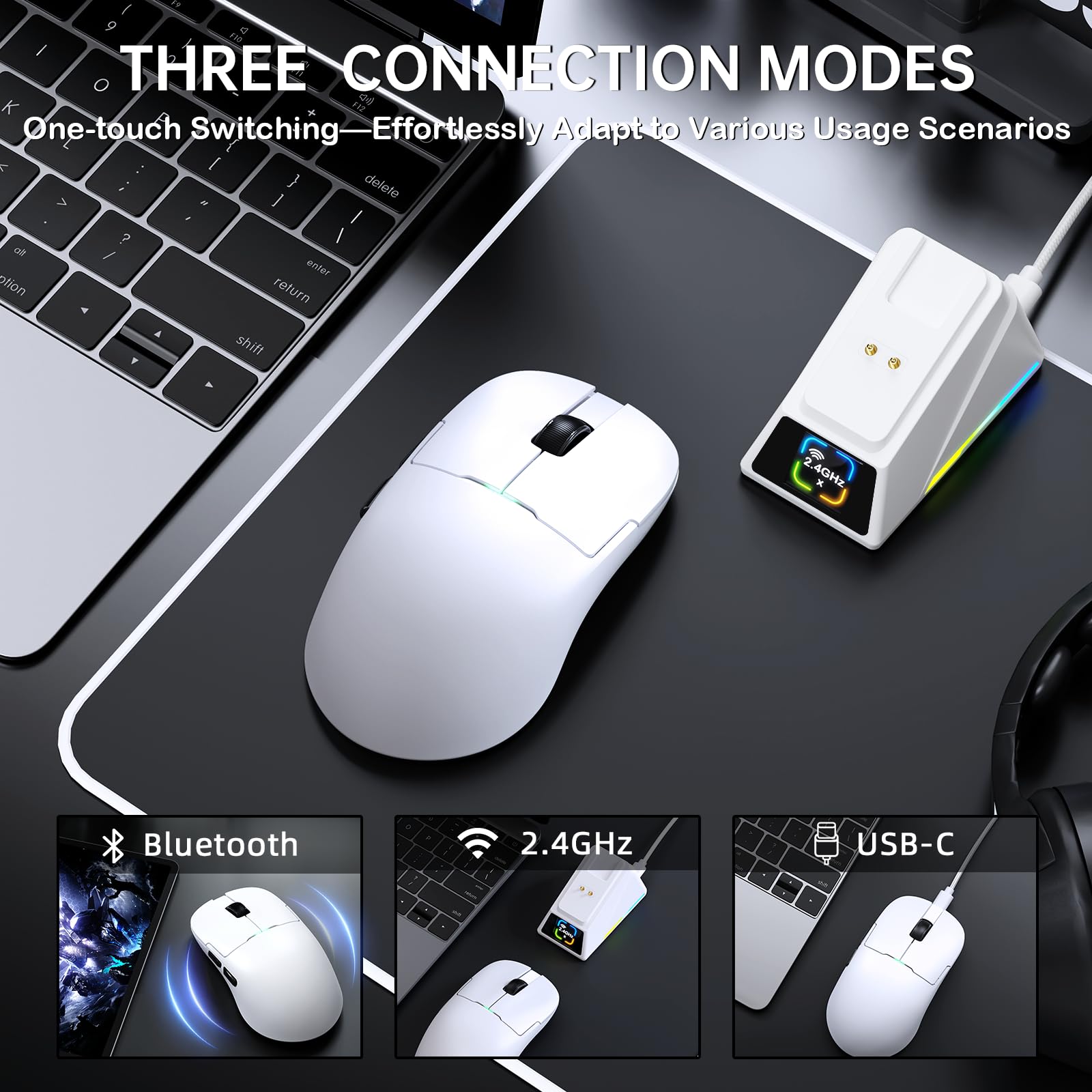AJAZZ AJ159P Ratón Gaming Inalámbrico Superligero con Base Carga RGB-Blanco | Tri-modo BT/2.4G/USB, Sensor Óptico PixArt PAW3311 de 24000 DPI, Programable Computer Mice, for Office/PC/Mac/Win11