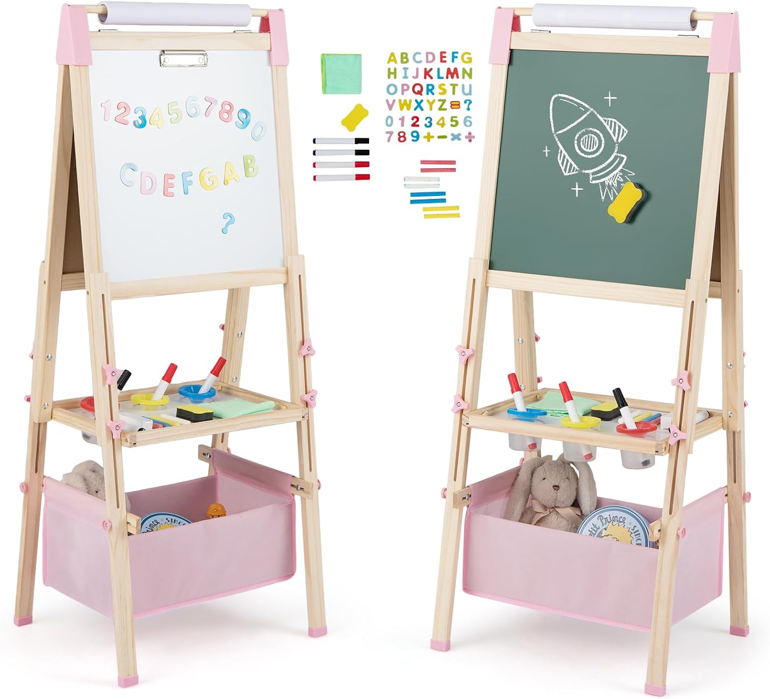 HONEY JOY Pink Easel for Kids, Wooden Height Adjustable Double-Sided Toddler Easel w/Magnetic Chalkboard & White Board, Paper Roll, 60+ Painting Accessories, Magnetic Letters, Art Easel for Boys Girls