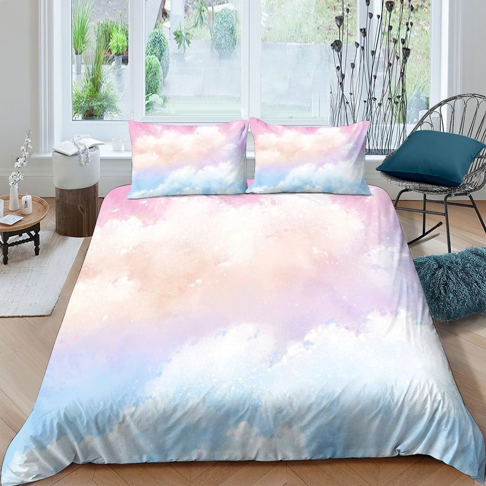 GPLZQXKJNH 3D Printed Pastel Clouds Duvet Cover Set Microfiber Soft Breathable Sky Gradient Bedding with 2 Pillowcases for Bedroom Home Single（135x200cm）