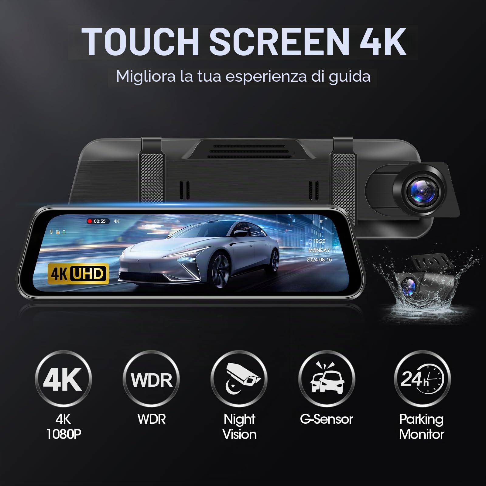 Vtopek WiFi Dash Cam Auto 4K 10" Dashcam Specchietto Retrovisore Sensore G | Registrazione in Loop, WDR, Visione Notturna, Grandangolare 140°+170°, Impermeabile IP69 Retrcamera per Camper Furgone SUV 6m