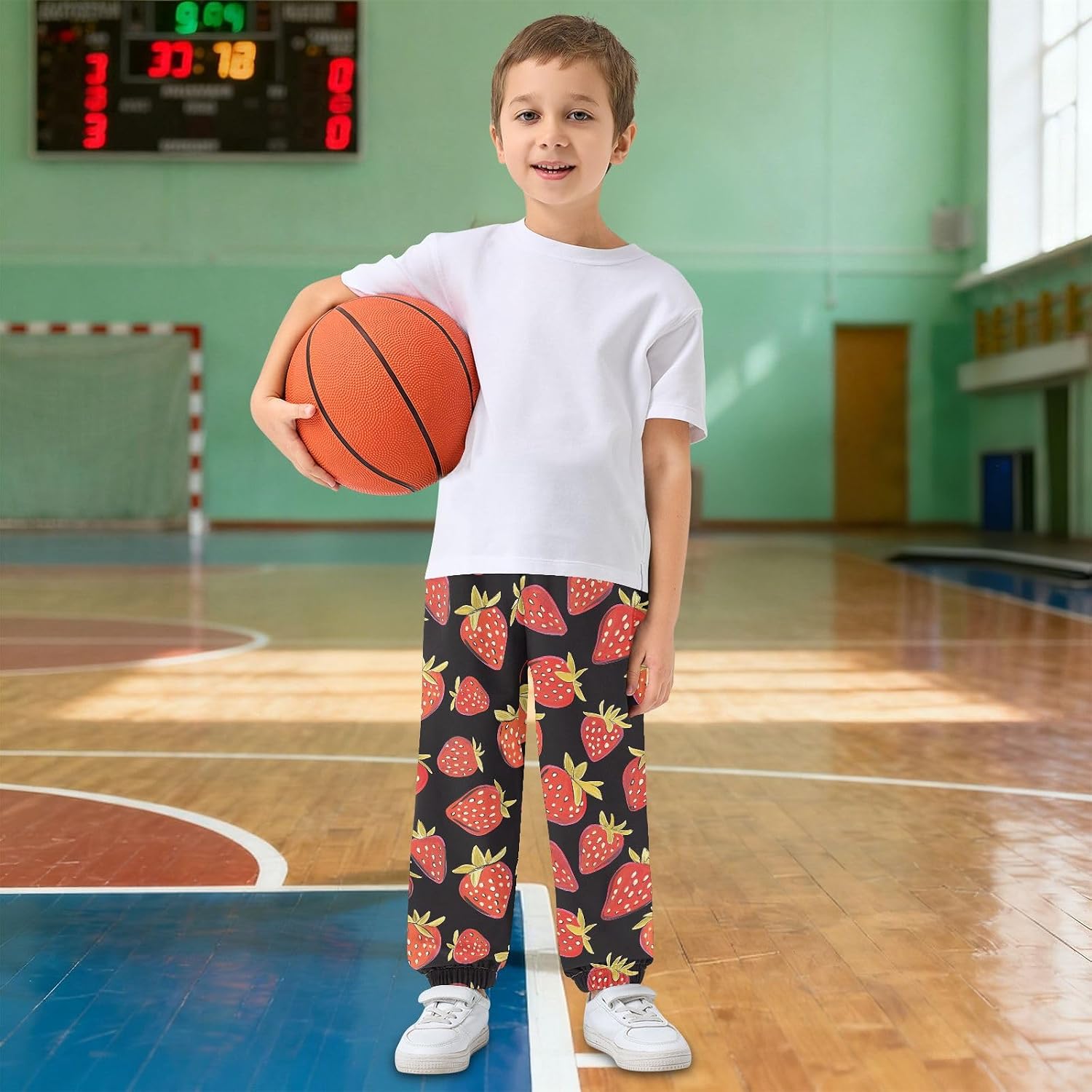 Boy Sweatpants Strawberry Fruits Black Joggers Casual Athletic Pants Kids Elastic Waist Cuffed with Pockets