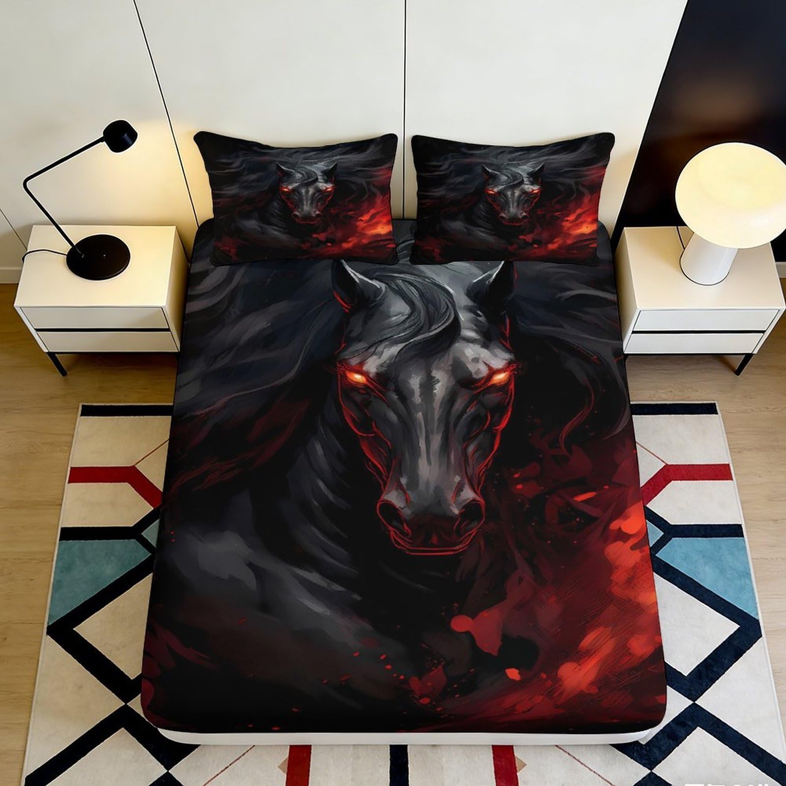 3D Printed Dark Horse Fitted Sheet Microfiber Soft Breathable Fiery Stallion Mattress Cover for Bedroom Decor 90x200x25cm