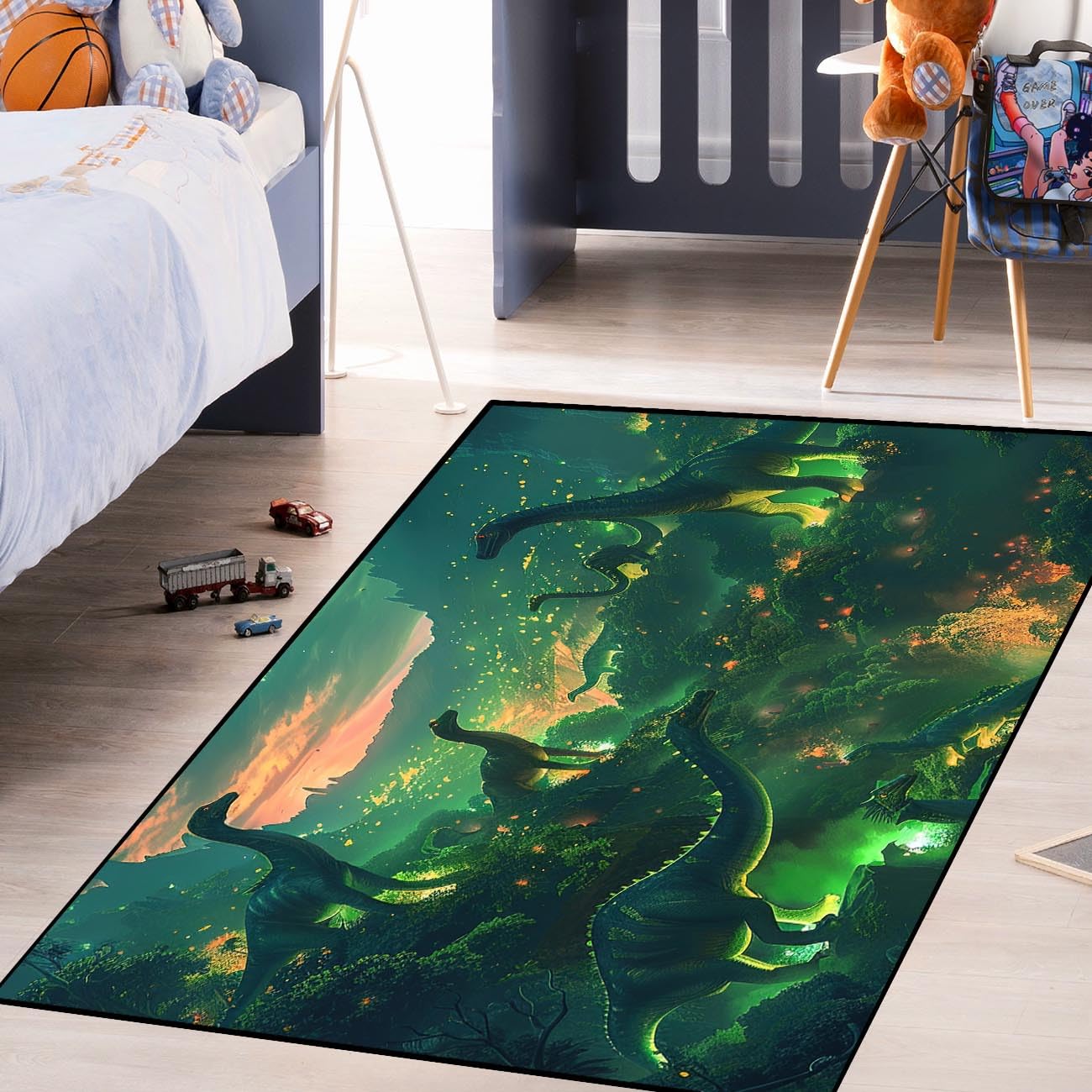 Dinosaur Area Rug Dinosaur Rugs for Boys Bedroom Green Animal Pattern Prints Carpets for Teen Boys Room Living Room Bedroom Playroom Soft Floor Mat, 5'×7'