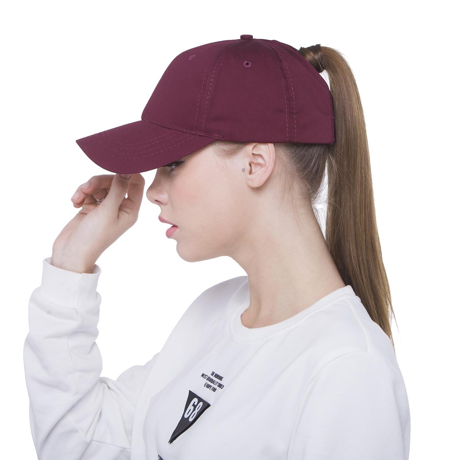 Lobeve Ponytail Baseball Cap Adjustable Cotton Trucker Ponytail Messy High Bun Dad Hat-Wine red