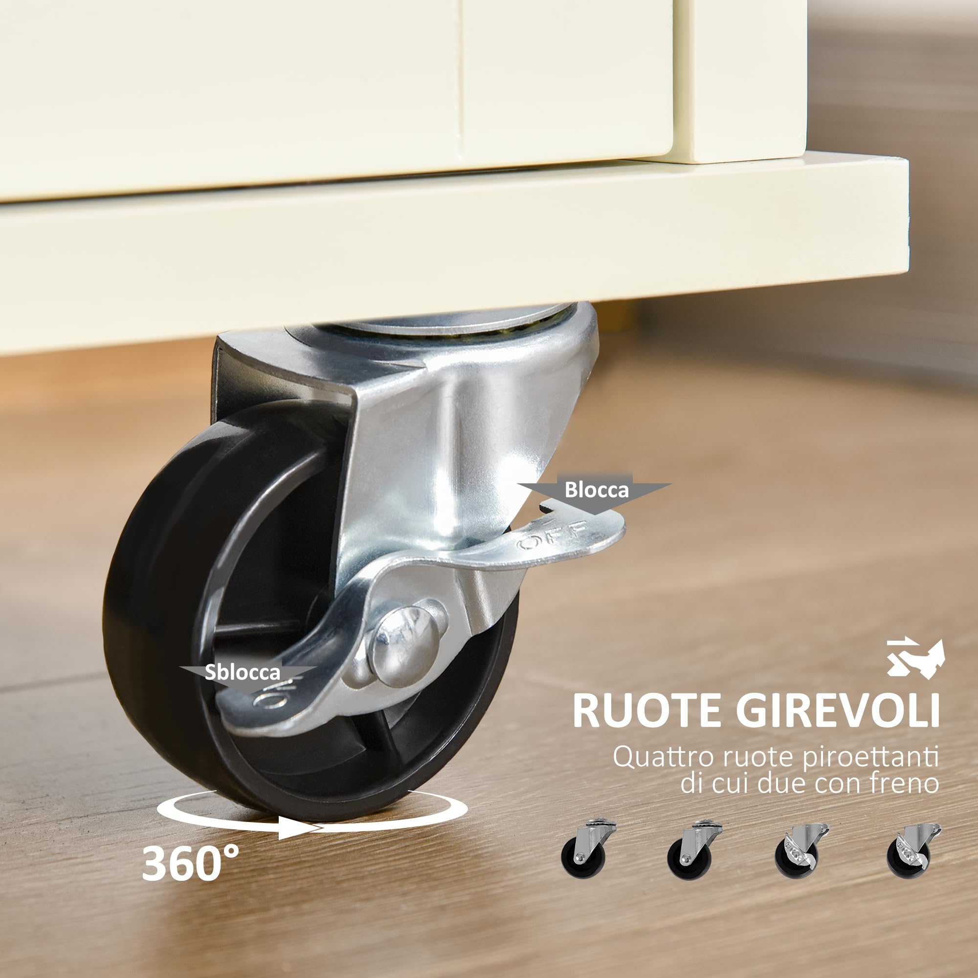 HOMCOM Isola per Cucina in Legno e MDF con Cassetti, Armadietto e Portasciugamani, Carrello da Cucina a 4 Ruote per Utensili, 110x49.5x89.5 cm, Bianco
