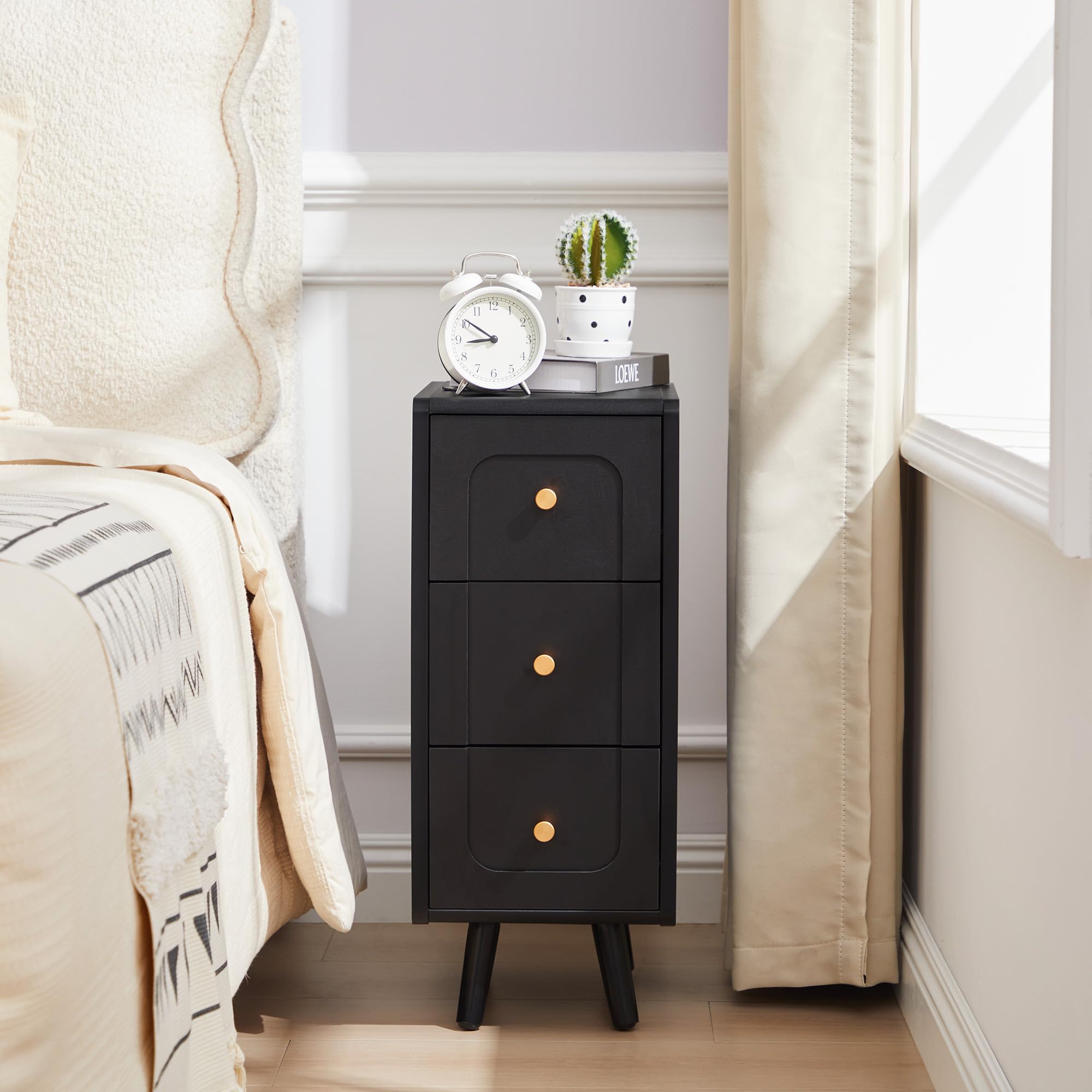 Narrow Nightstand with 2 Drawers, Small Bedside Tables, Mid-Century Modern Slim Night Stand with Storage, Wooden End Table for Small Spaces, Bedroom, Living Room (Natural-1PCS) — view 15