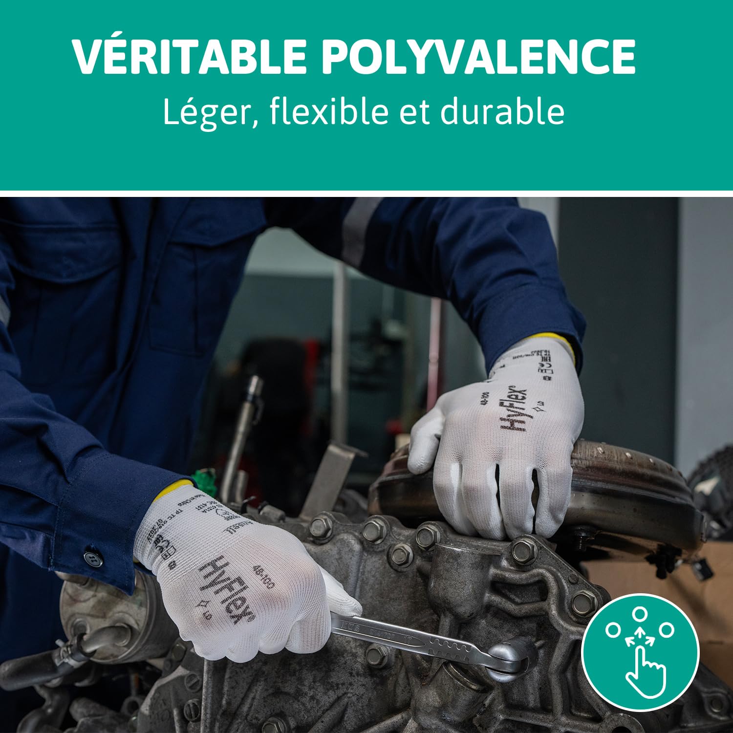 Ansell HyFlex 11-800 Gants de Travail Professionnels, Enduction Nitrile Résistante à l'Abrasion, Protection Industrielle Multiusage, Manutention et Mécanique, Blanc, Taille L (12 Paires)