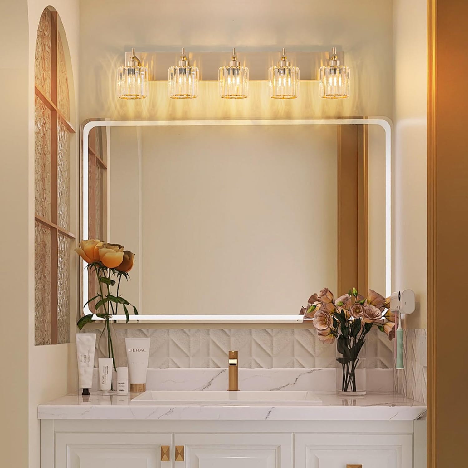 Modern Crystal Bathroom Vanity Lights, Gold 5-Lights Bathroom Light Fixtures Over Mirror, Crystal Wall Lighting with Polished Brass Finish