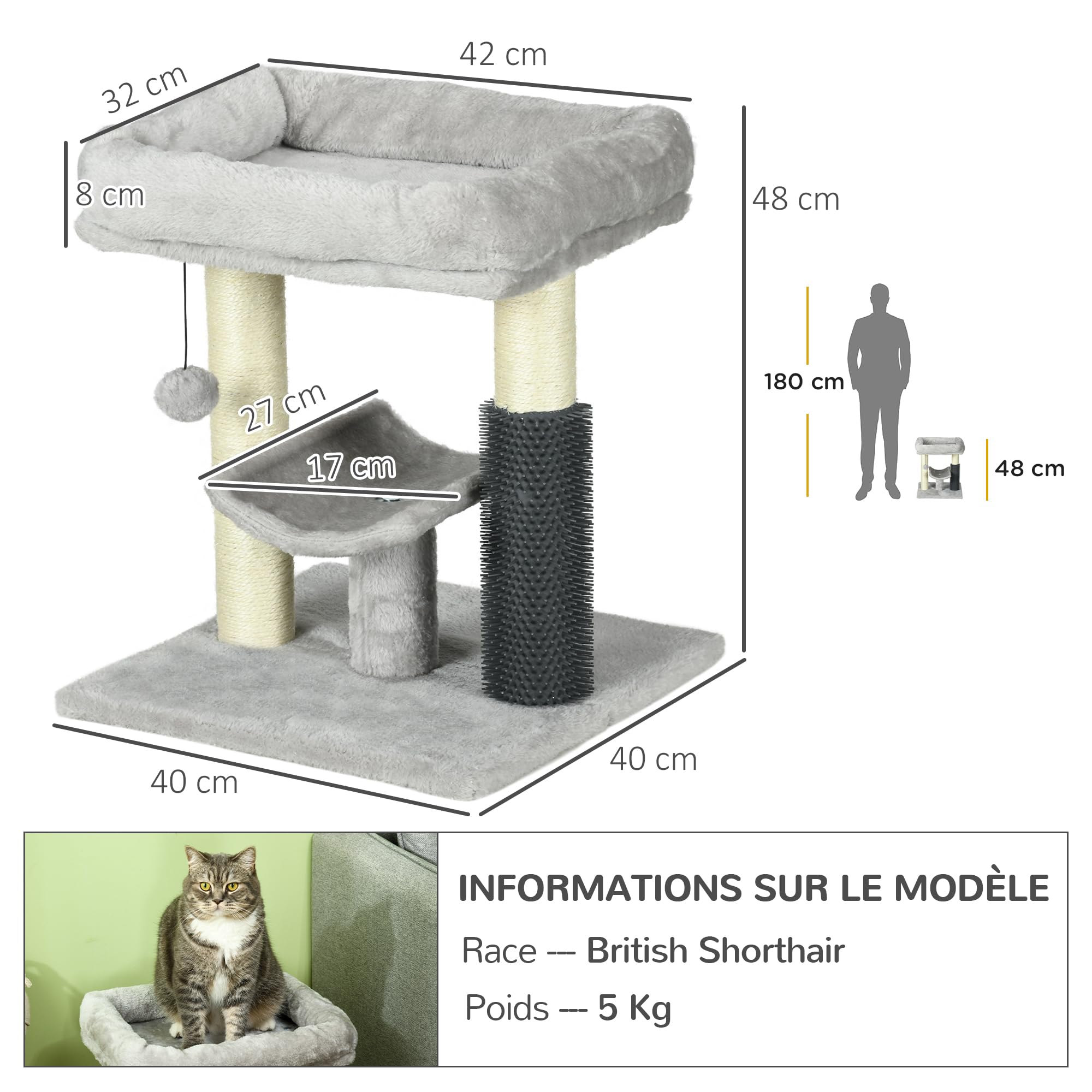 PawHut Petit Arbre à Chat Arbre à Grimper Tour de Jeux Hauteur 48 cm Poteau en sisal Gris avec Balle Suspendue Gris | Tour de Jeux, Balle Suspendue