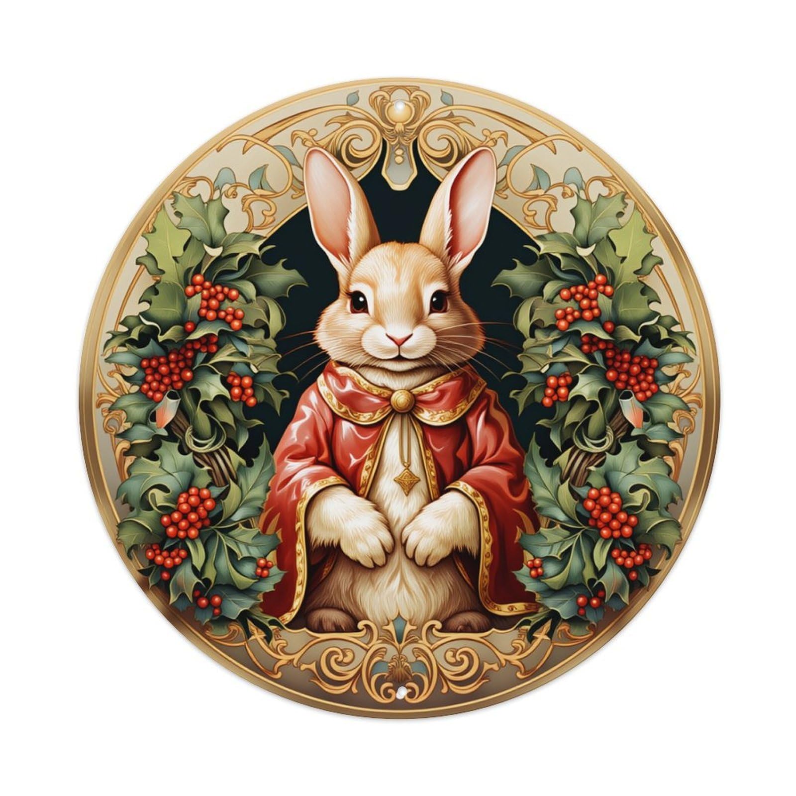 Christmas Rabbit In Red Robe With Holly Wreath Round Tin Sign Retro Metal Sign for Cafe Bar Pub Home Game Room Gym Club Wall Decoration Vintage Metal Poster 8x8 Inch