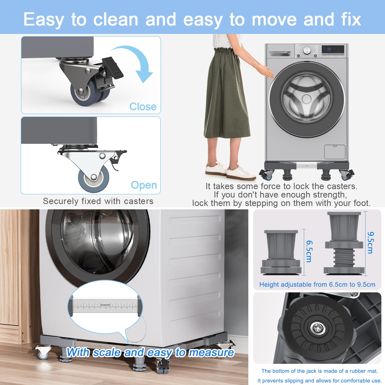 Base Lavadora con 4 Patas y 8 Ruedas con Bloqueo, Pedestales Móviles para Lavadora, Secadora, Frigorífico Capacidad De Carga 500 Kg(Gris, Ajustable: 45,5 – 70 cm)
