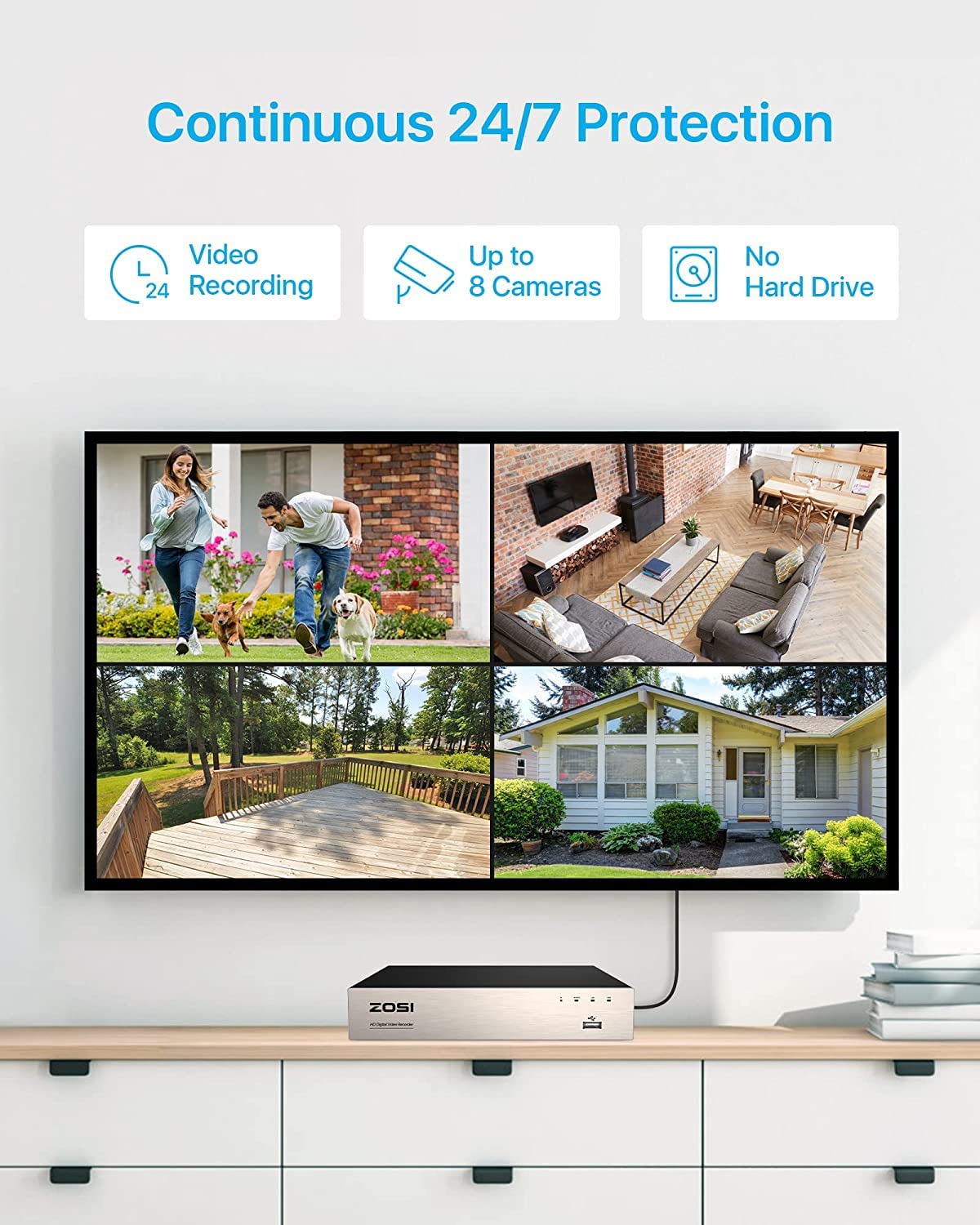 ZOSI 1080P Kit Videovigilancia 8CH H.265+ Grabador DVR + (4) Cámara de Vigilancia Exterior, 20m Visión Nocturna, P2P, Alarma de Movimiento, Sin Disco Duro