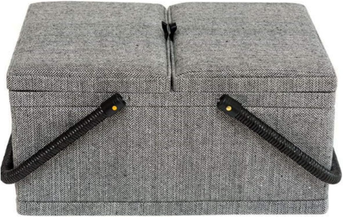 Korbond Grey Herringbone Twin Lid Sewing Basket - Sewing Storage to store Sewing Accessories, Sewing Kits and Embroidery Tools
