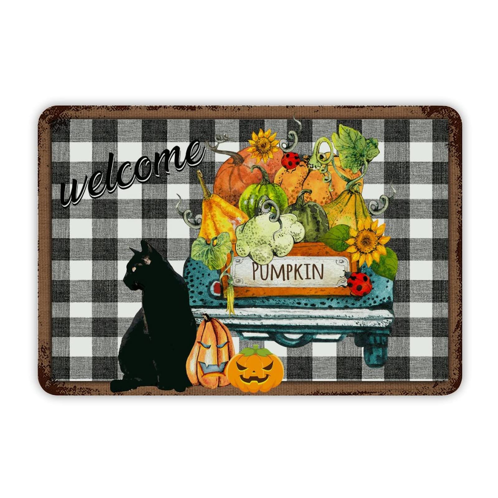 ENEDNATE Black and White Buffalo Plaid Halloween Truck Gnome Vintage Man Cave Metal Sign 8"x12" Decorative Aluminum Tin Sign for Indoor Outdoor Kitchen Bar Restaurant Cafe Pub Wall Art Decor Poster